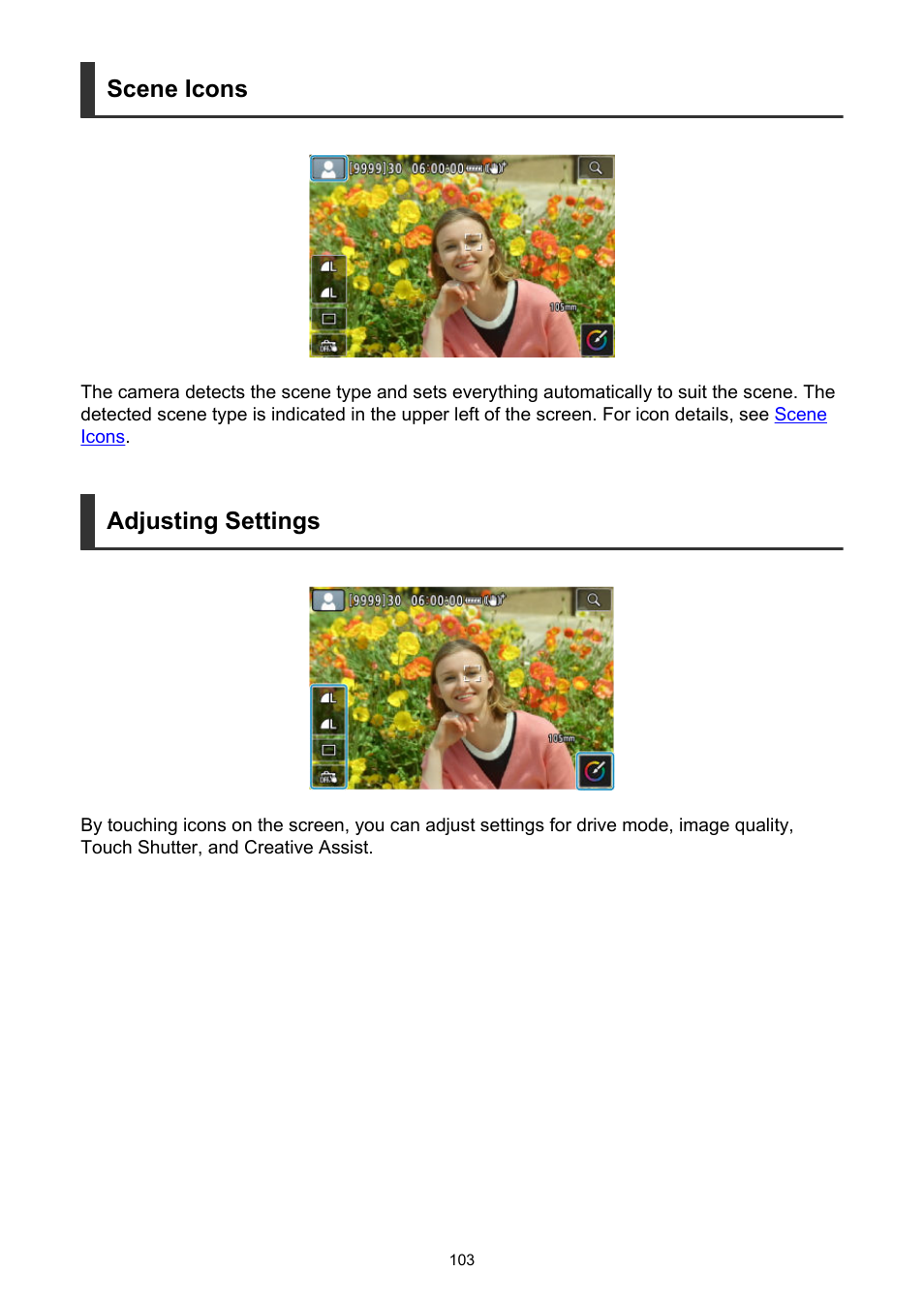Scene icons, Adjusting settings | Canon EOS R6 Mark II Mirrorless Camera with 24-105mm f/4-7.1 Lens User Manual | Page 103 / 1074
