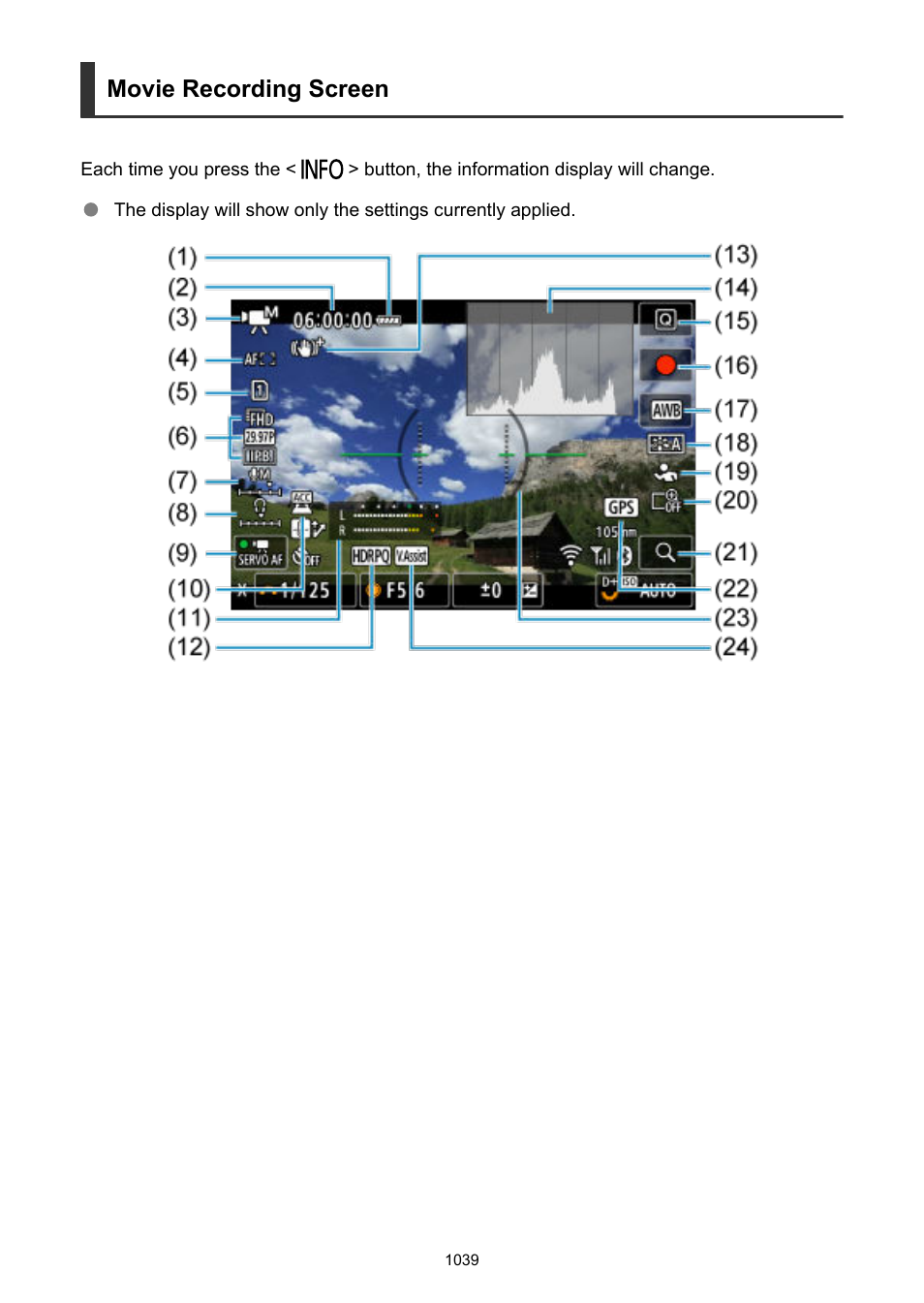 Movie recording screen | Canon EOS R6 Mark II Mirrorless Camera with 24-105mm f/4-7.1 Lens User Manual | Page 1039 / 1074