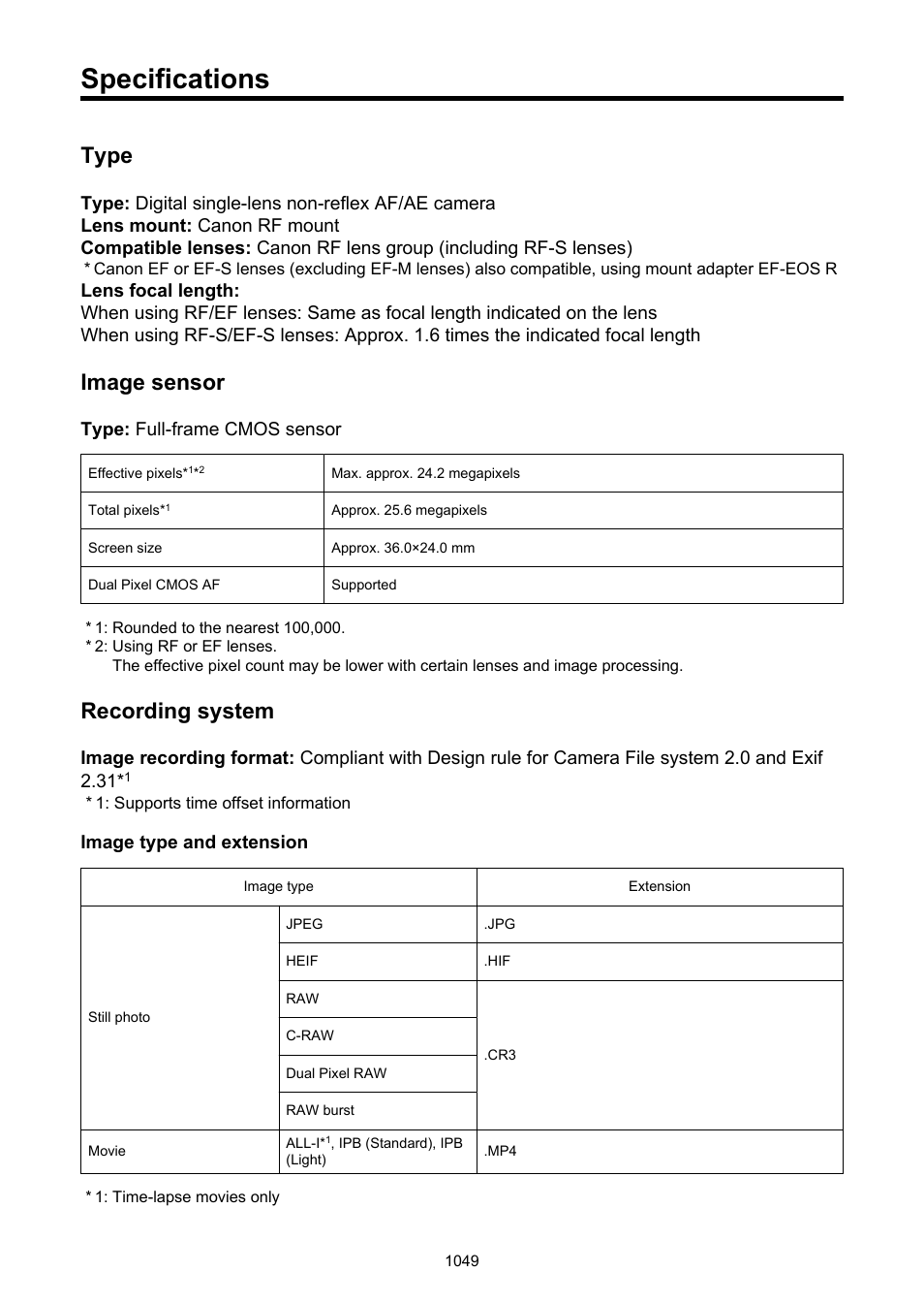 Specifications 9, Specifications, Type | Image sensor, Recording system | Canon EOS R6 Mark II Mirrorless Camera with 24-105mm f/4-7.1 Lens User Manual | Page 1049 / 1074