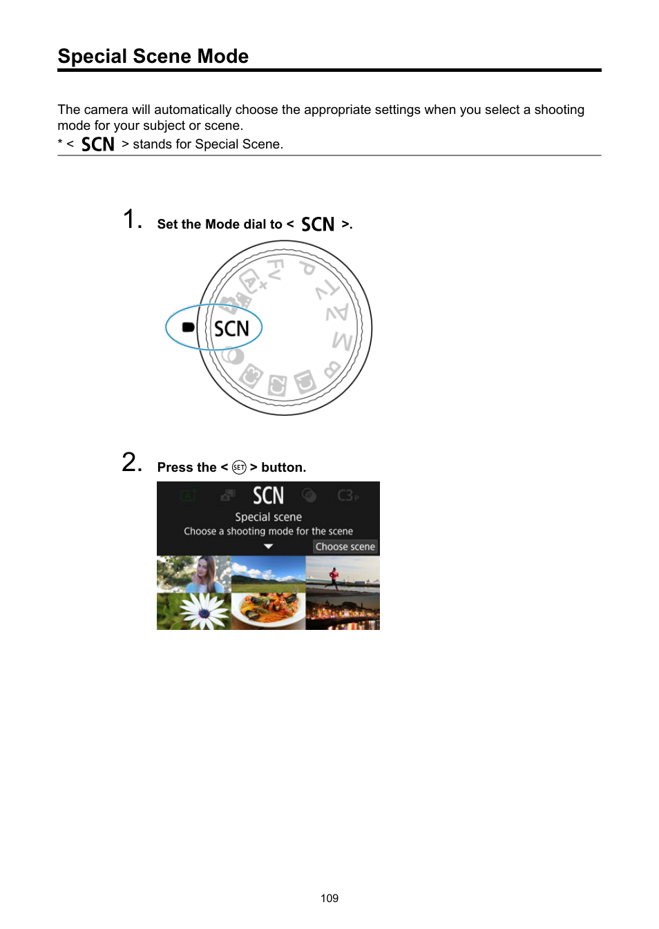 Special scene mode, Special scene | Canon EOS R6 Mark II Mirrorless Camera with 24-105mm f/4-7.1 Lens User Manual | Page 109 / 1074