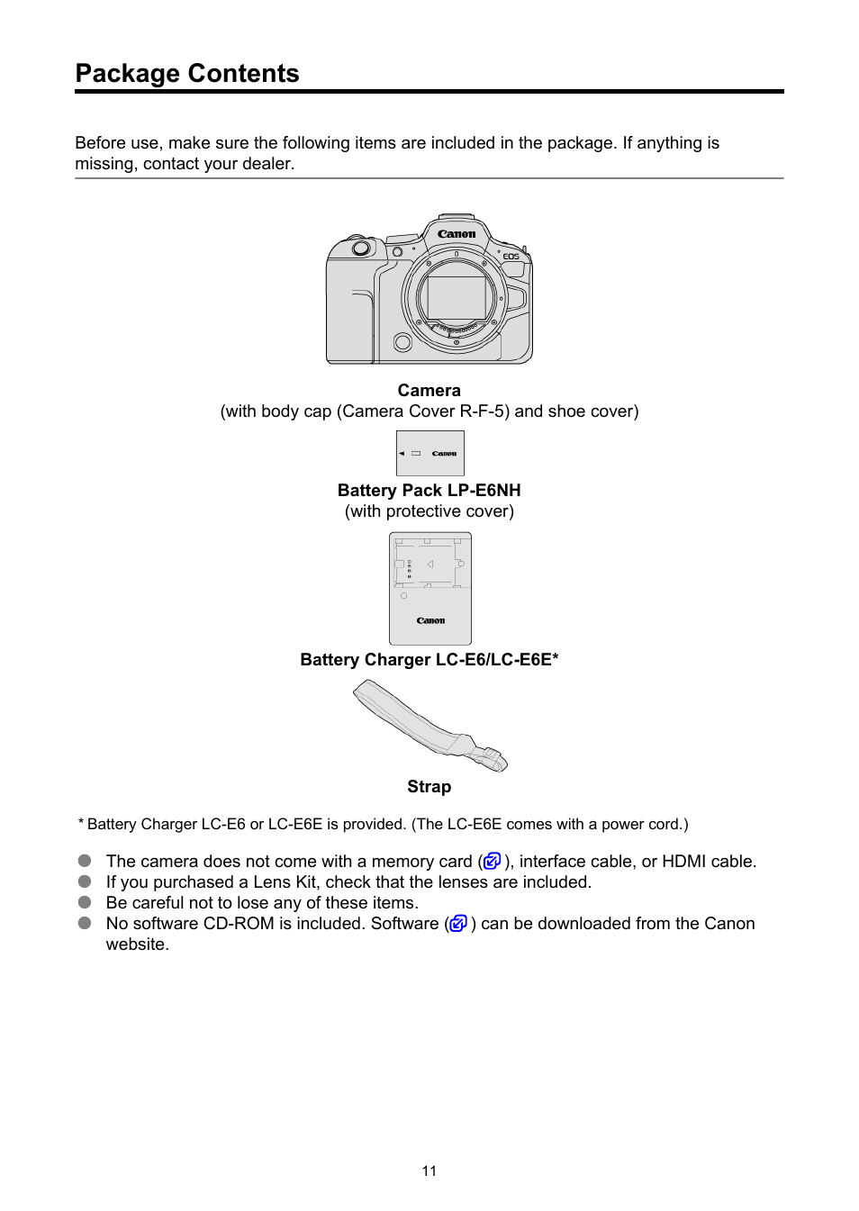 Package contents | Canon EOS R6 Mark II Mirrorless Camera with 24-105mm f/4-7.1 Lens User Manual | Page 11 / 1074