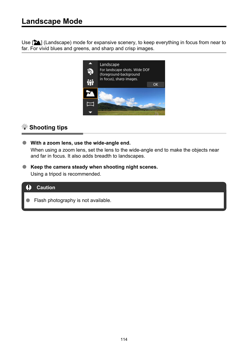 Landscape mode, Landscape | Canon EOS R6 Mark II Mirrorless Camera with 24-105mm f/4-7.1 Lens User Manual | Page 114 / 1074