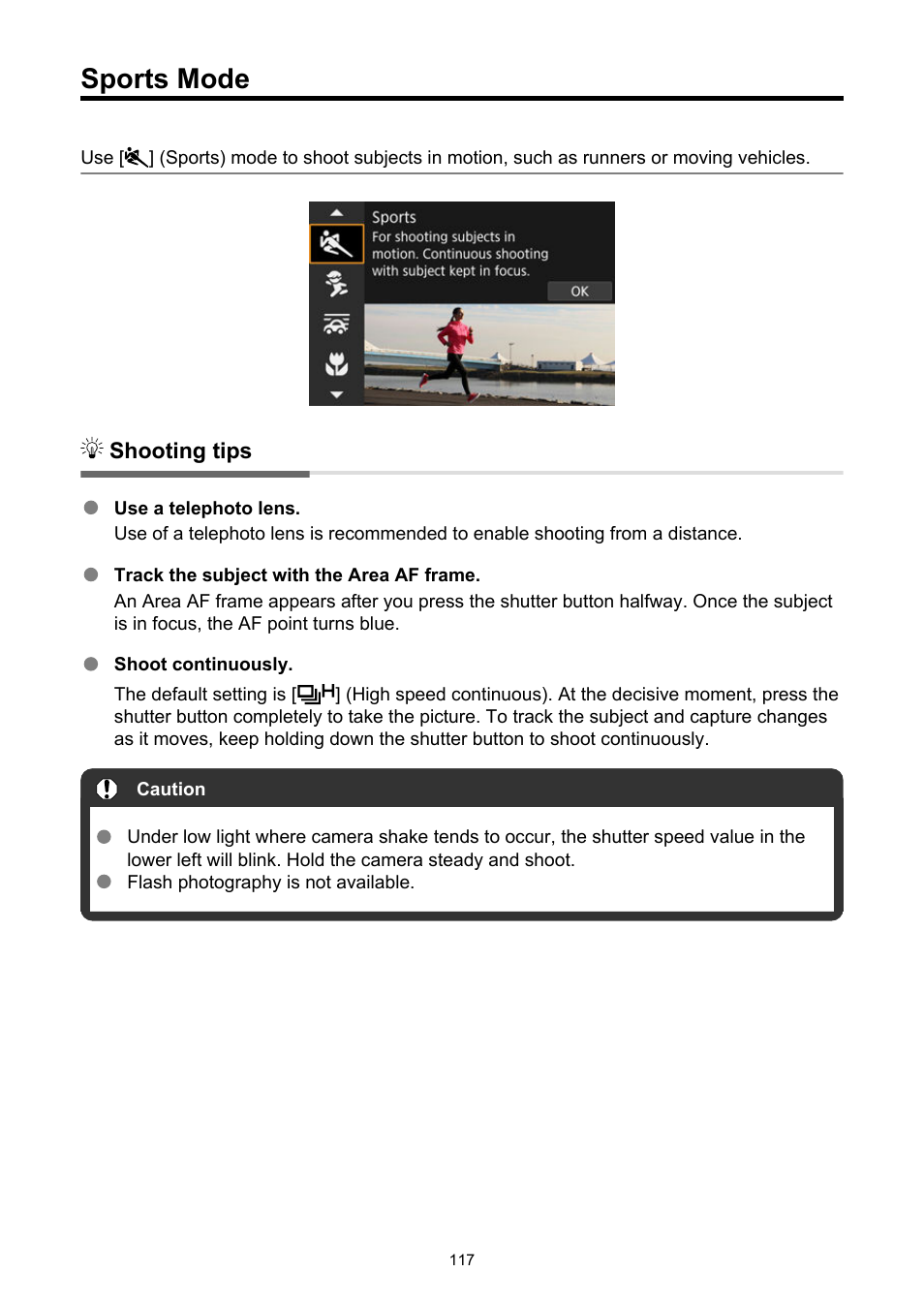 Sports mode, Sports | Canon EOS R6 Mark II Mirrorless Camera with 24-105mm f/4-7.1 Lens User Manual | Page 117 / 1074