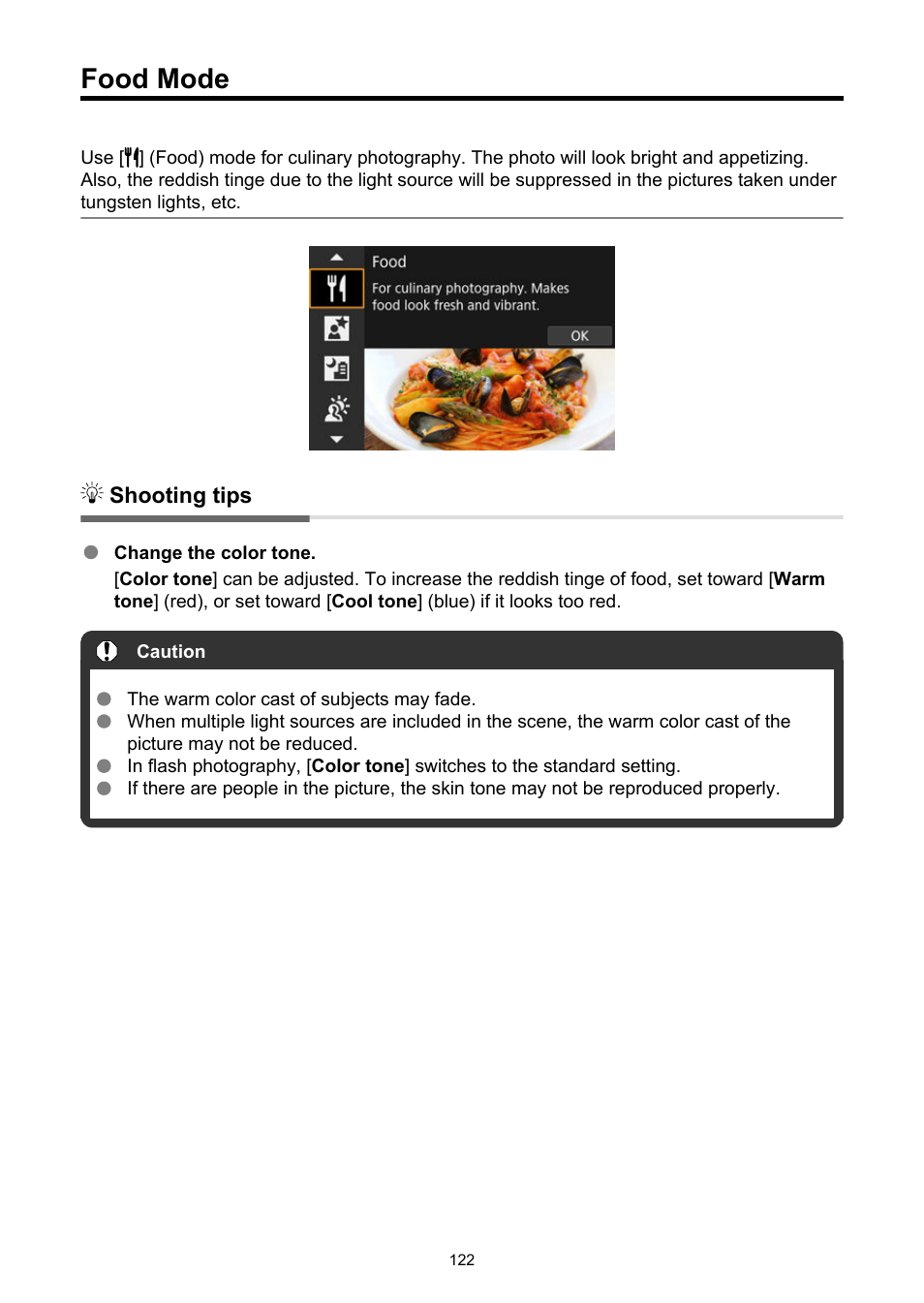 Food mode, Food | Canon EOS R6 Mark II Mirrorless Camera with 24-105mm f/4-7.1 Lens User Manual | Page 122 / 1074