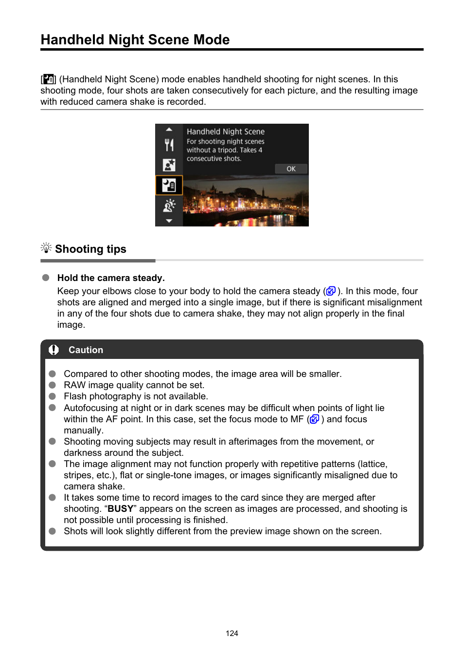 Handheld night scene mode, Handheld night scene | Canon EOS R6 Mark II Mirrorless Camera with 24-105mm f/4-7.1 Lens User Manual | Page 124 / 1074
