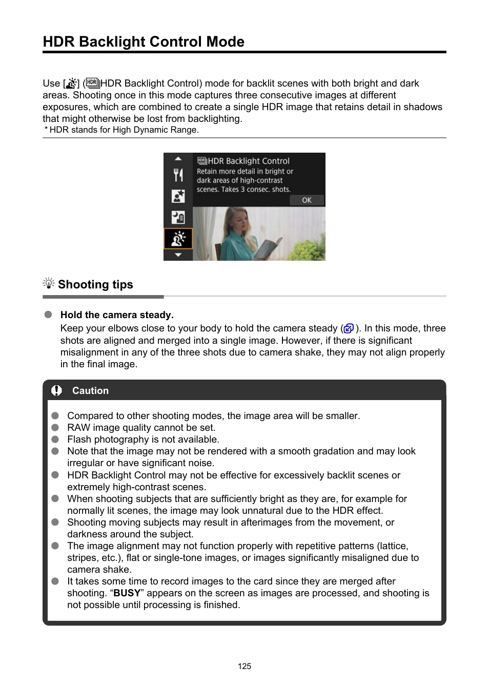 Hdr backlight control mode, Hdr backlight control | Canon EOS R6 Mark II Mirrorless Camera with 24-105mm f/4-7.1 Lens User Manual | Page 125 / 1074