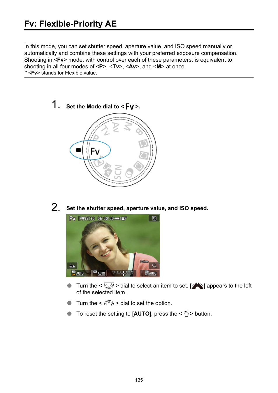 Fv: flexible-priority ae, Flexible-priority ae | Canon EOS R6 Mark II Mirrorless Camera with 24-105mm f/4-7.1 Lens User Manual | Page 135 / 1074