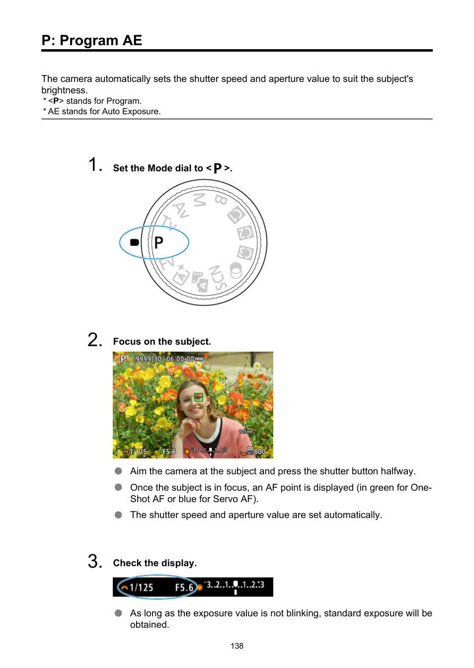 P: program ae, Program ae | Canon EOS R6 Mark II Mirrorless Camera with 24-105mm f/4-7.1 Lens User Manual | Page 138 / 1074