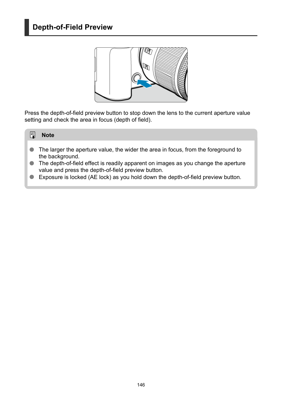Depth-of-field preview | Canon EOS R6 Mark II Mirrorless Camera with 24-105mm f/4-7.1 Lens User Manual | Page 146 / 1074