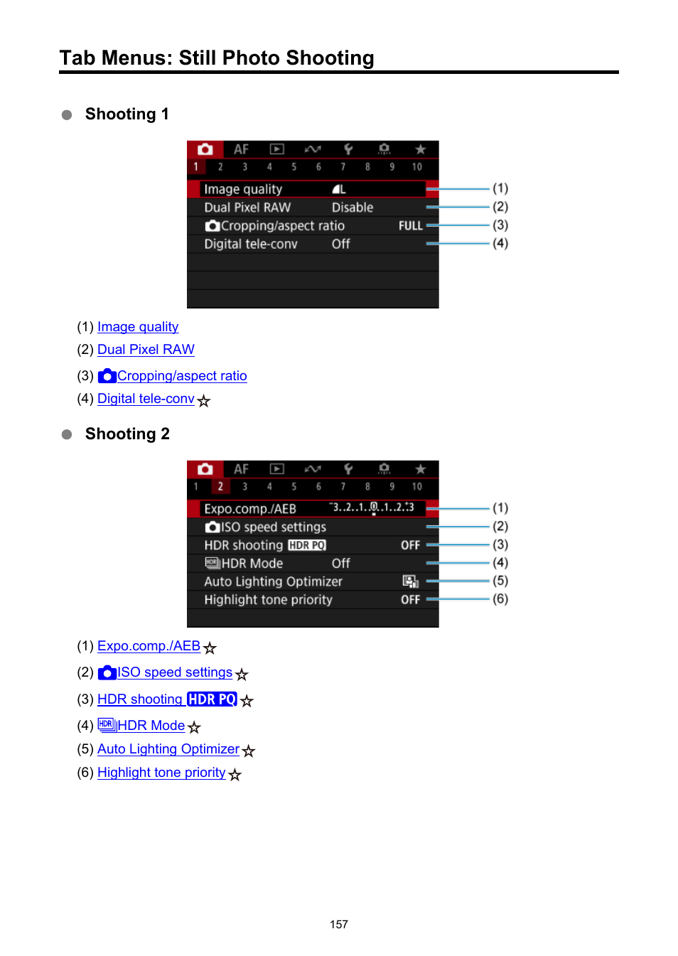Tab menus: still photo shooting | Canon EOS R6 Mark II Mirrorless Camera with 24-105mm f/4-7.1 Lens User Manual | Page 157 / 1074
