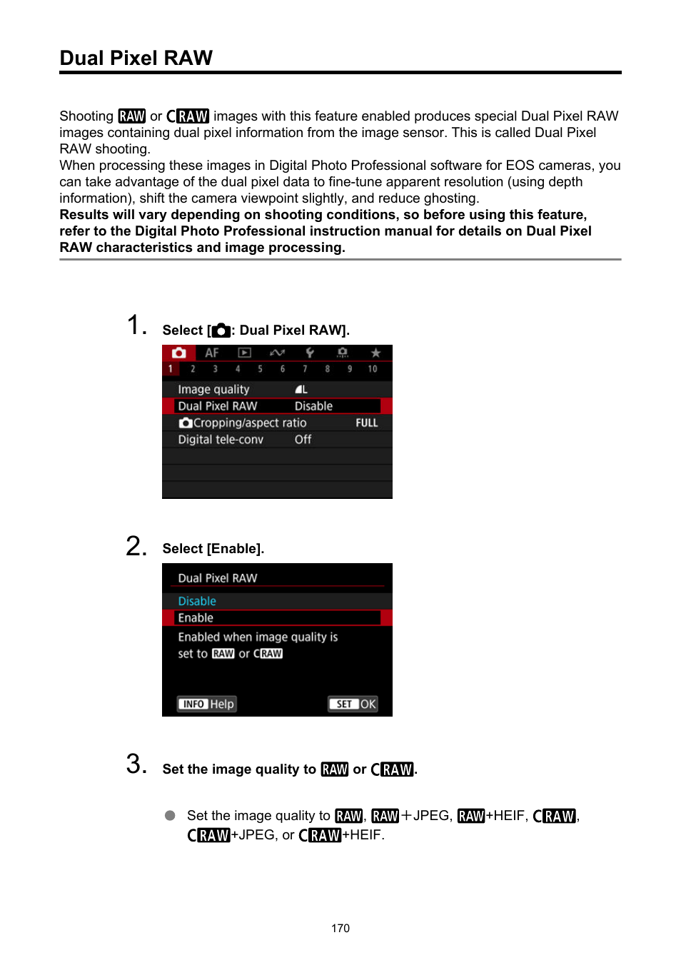 Dual pixel raw | Canon EOS R6 Mark II Mirrorless Camera with 24-105mm f/4-7.1 Lens User Manual | Page 170 / 1074