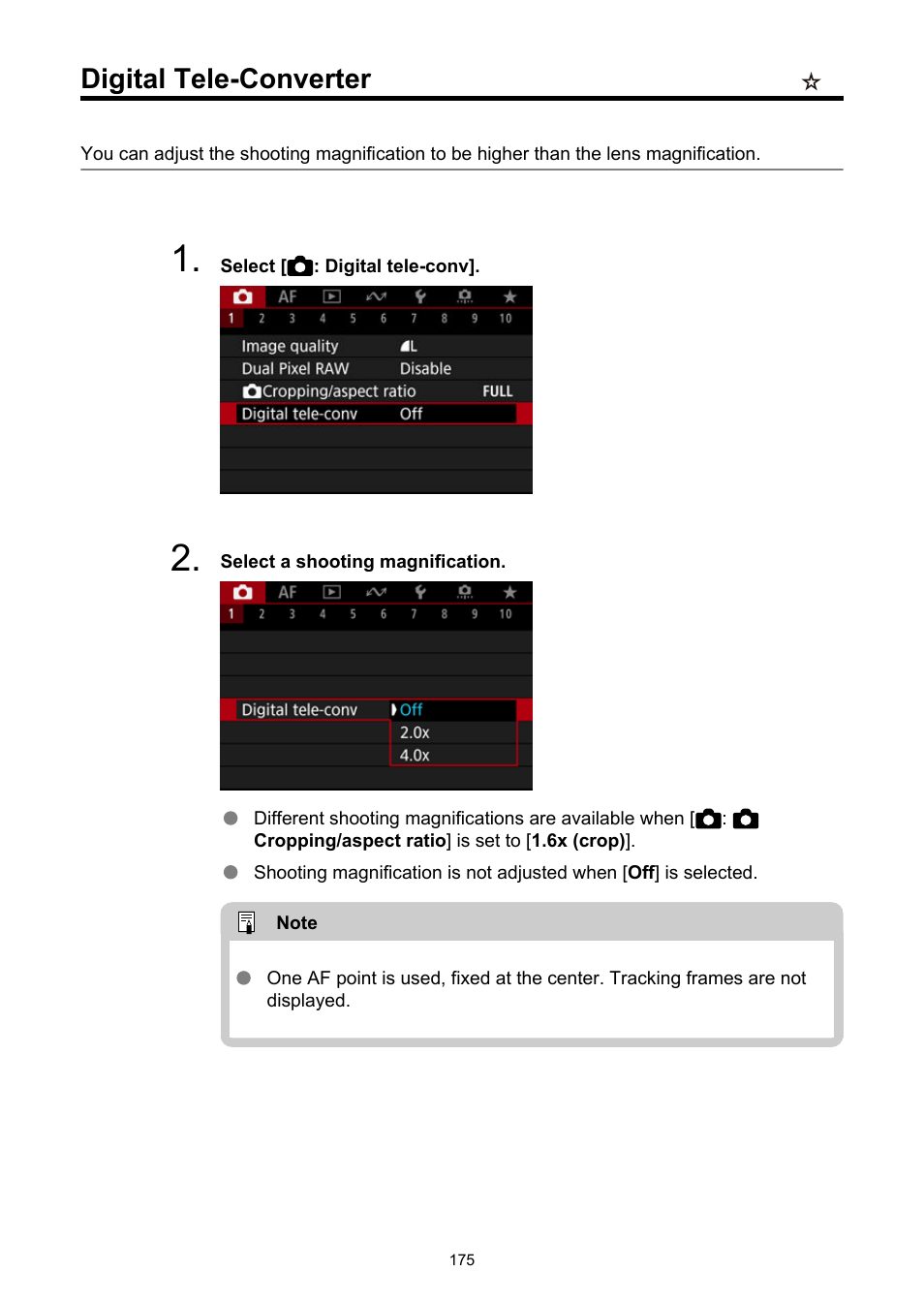 Digital tele-converter, Digital tele-conv | Canon EOS R6 Mark II Mirrorless Camera with 24-105mm f/4-7.1 Lens User Manual | Page 175 / 1074