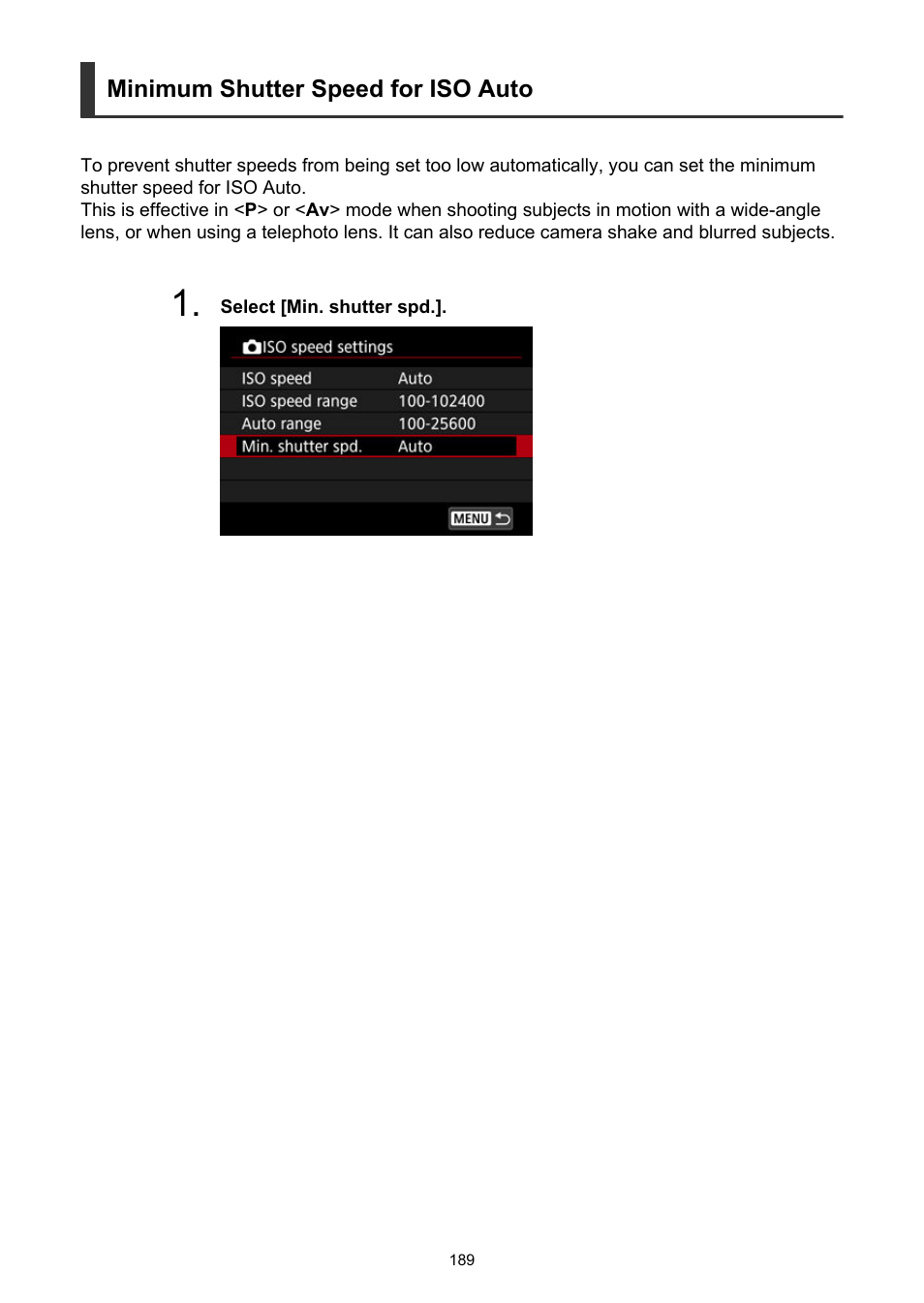Minimum shutter speed for iso auto | Canon EOS R6 Mark II Mirrorless Camera with 24-105mm f/4-7.1 Lens User Manual | Page 189 / 1074