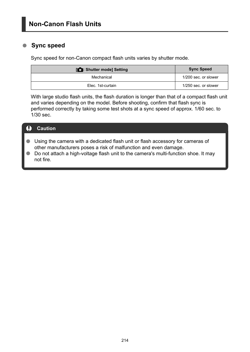 Non-canon flash units, Sync speed | Canon EOS R6 Mark II Mirrorless Camera with 24-105mm f/4-7.1 Lens User Manual | Page 214 / 1074