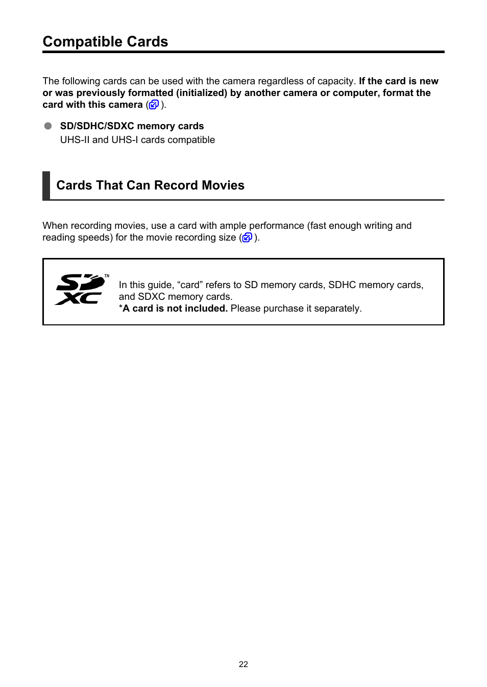 Compatible cards, Cards that can record movies | Canon EOS R6 Mark II Mirrorless Camera with 24-105mm f/4-7.1 Lens User Manual | Page 22 / 1074