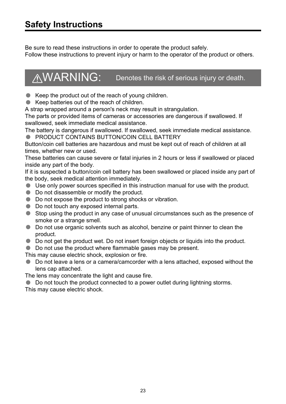 Safety instructions, Warning | Canon EOS R6 Mark II Mirrorless Camera with 24-105mm f/4-7.1 Lens User Manual | Page 23 / 1074