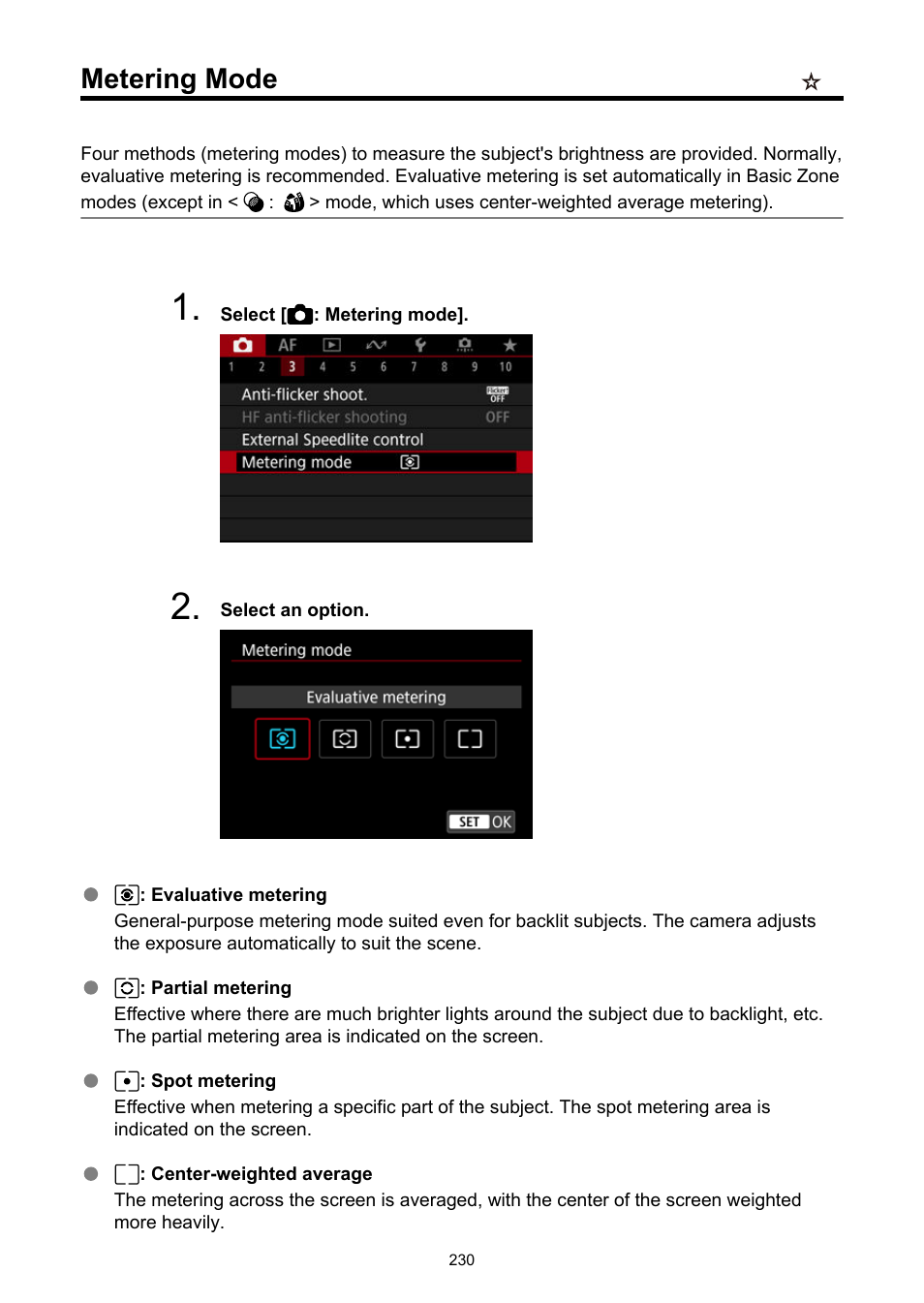 Metering mode, Af operation, Selection | Canon EOS R6 Mark II Mirrorless Camera with 24-105mm f/4-7.1 Lens User Manual | Page 230 / 1074
