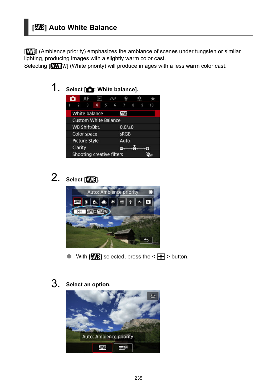 Auto white balance, Setting instructions, see, Auto (ambience priority) | Auto (white priority) | Canon EOS R6 Mark II Mirrorless Camera with 24-105mm f/4-7.1 Lens User Manual | Page 235 / 1074