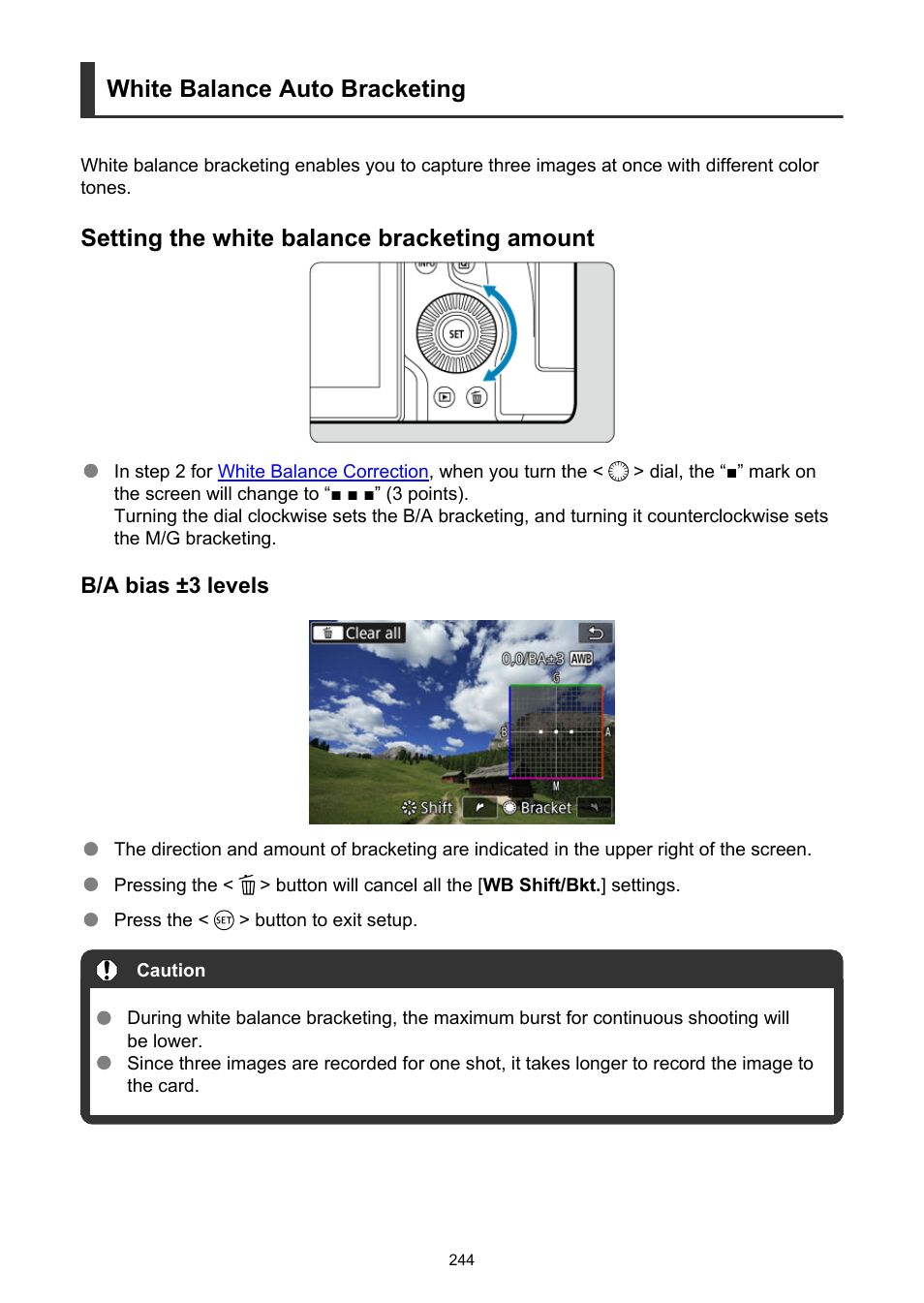White balance auto bracketing, Setting the white balance bracketing amount | Canon EOS R6 Mark II Mirrorless Camera with 24-105mm f/4-7.1 Lens User Manual | Page 244 / 1074