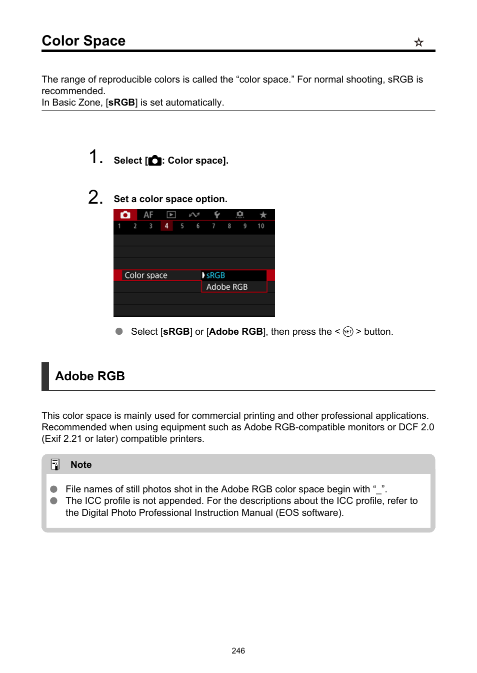 Color space | Canon EOS R6 Mark II Mirrorless Camera with 24-105mm f/4-7.1 Lens User Manual | Page 246 / 1074