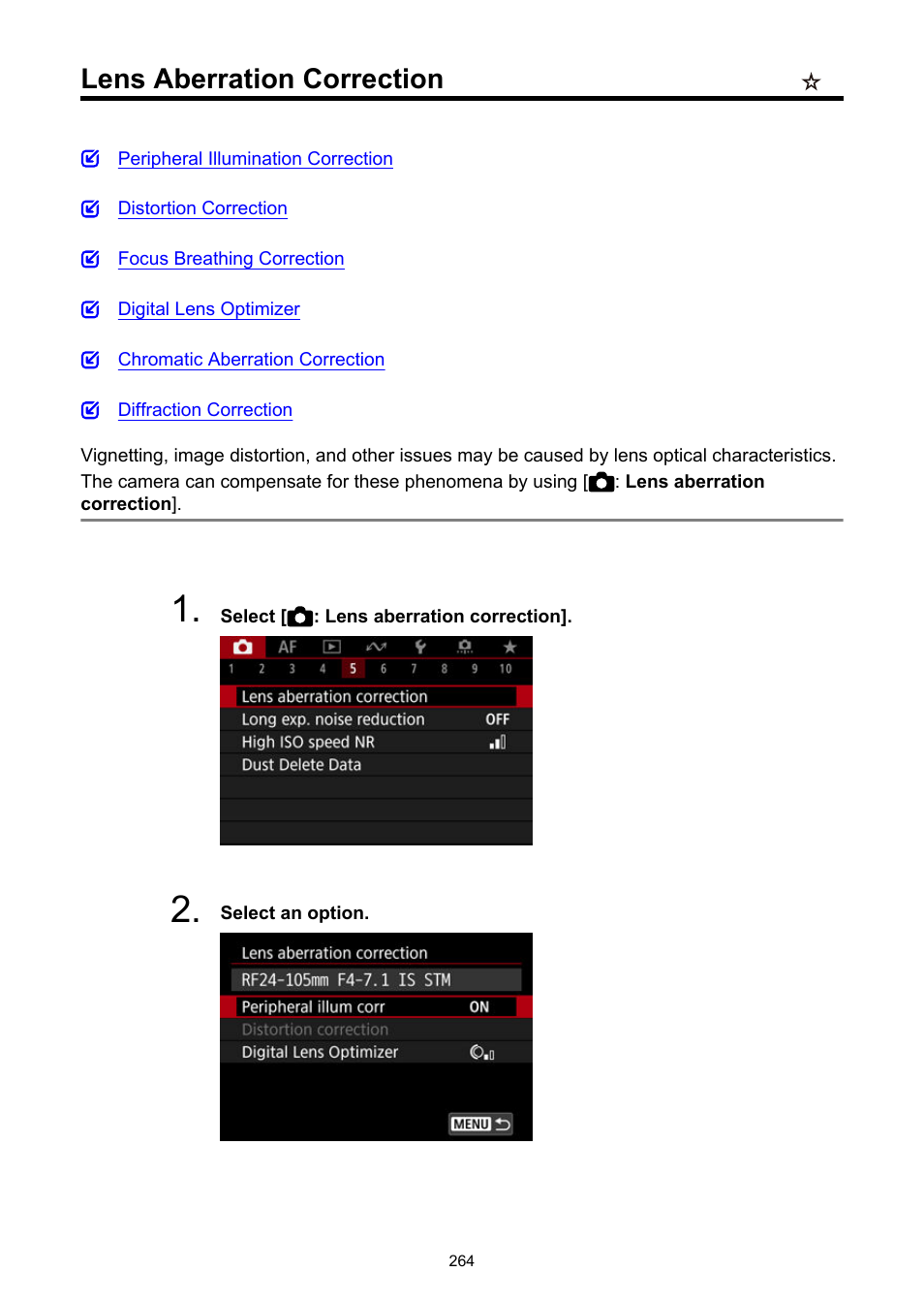 Lens aberration correction | Canon EOS R6 Mark II Mirrorless Camera with 24-105mm f/4-7.1 Lens User Manual | Page 264 / 1074
