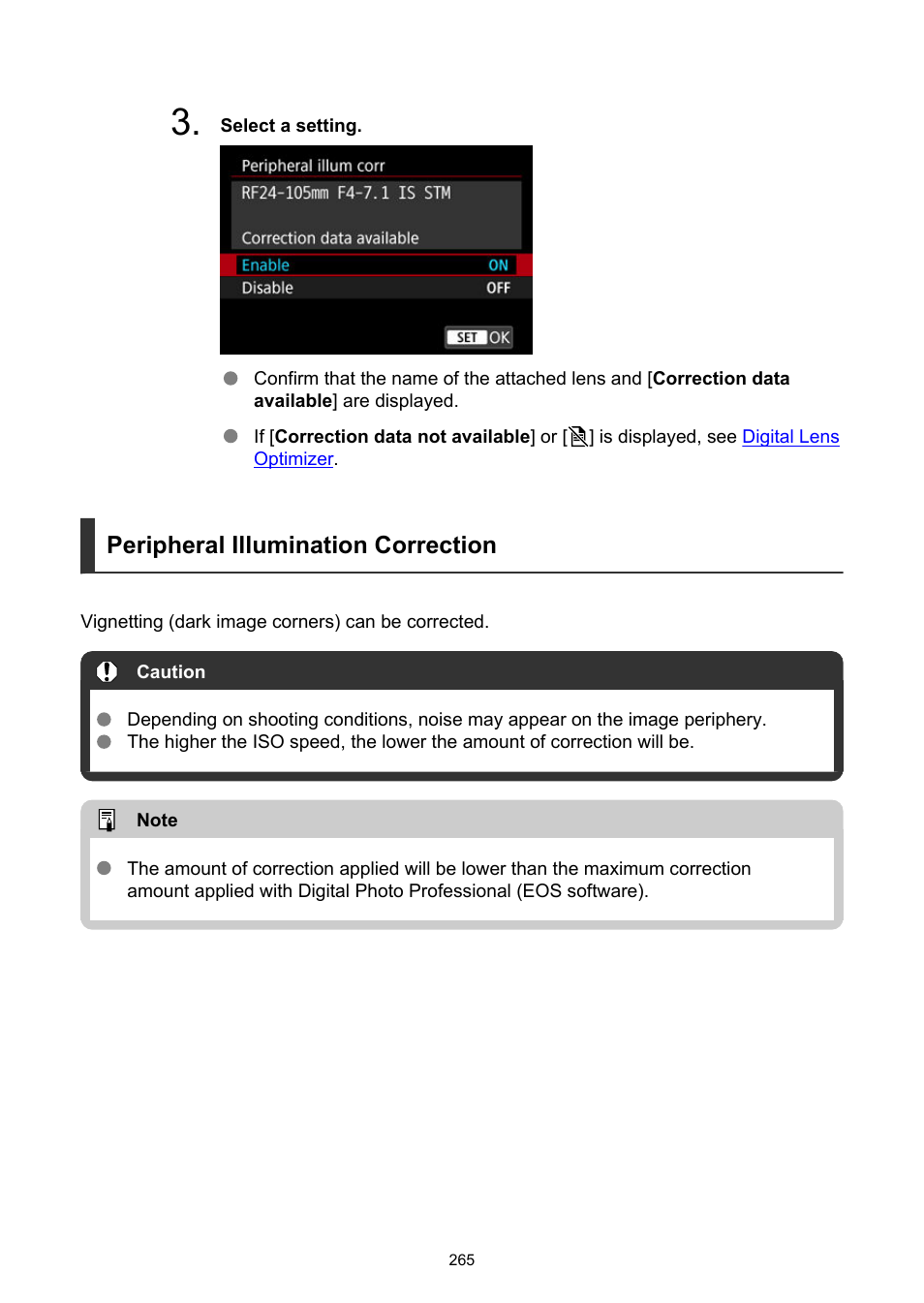 Peripheral illumination correction | Canon EOS R6 Mark II Mirrorless Camera with 24-105mm f/4-7.1 Lens User Manual | Page 265 / 1074