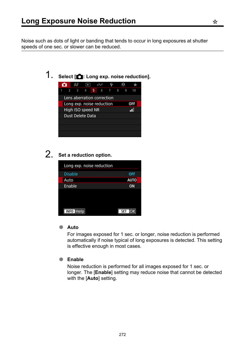 Long exposure noise reduction, Long exp. noise reduction | Canon EOS R6 Mark II Mirrorless Camera with 24-105mm f/4-7.1 Lens User Manual | Page 272 / 1074