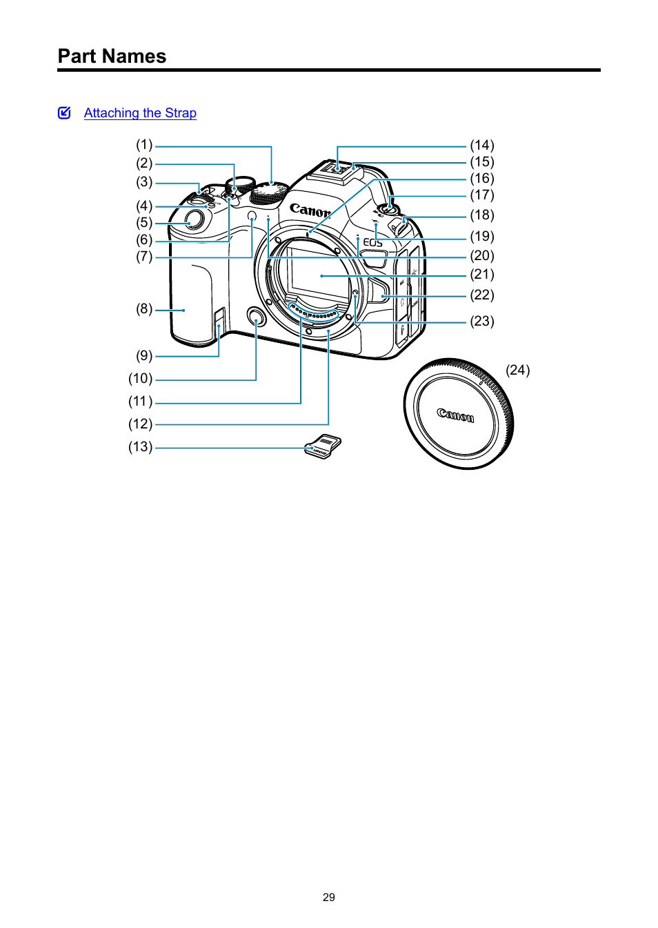 Part names | Canon EOS R6 Mark II Mirrorless Camera with 24-105mm f/4-7.1 Lens User Manual | Page 29 / 1074