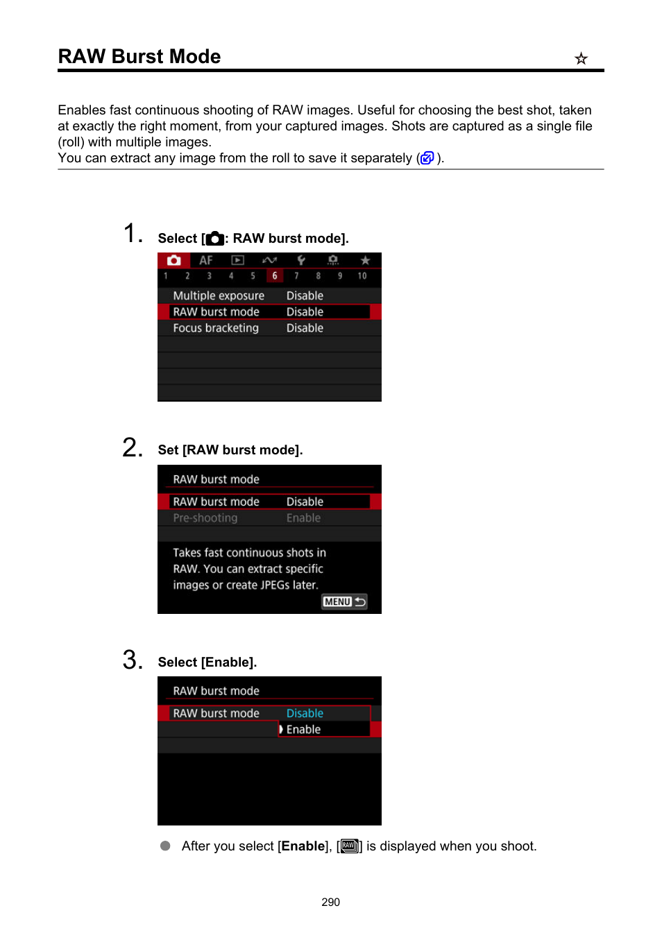 Raw burst mode | Canon EOS R6 Mark II Mirrorless Camera with 24-105mm f/4-7.1 Lens User Manual | Page 290 / 1074