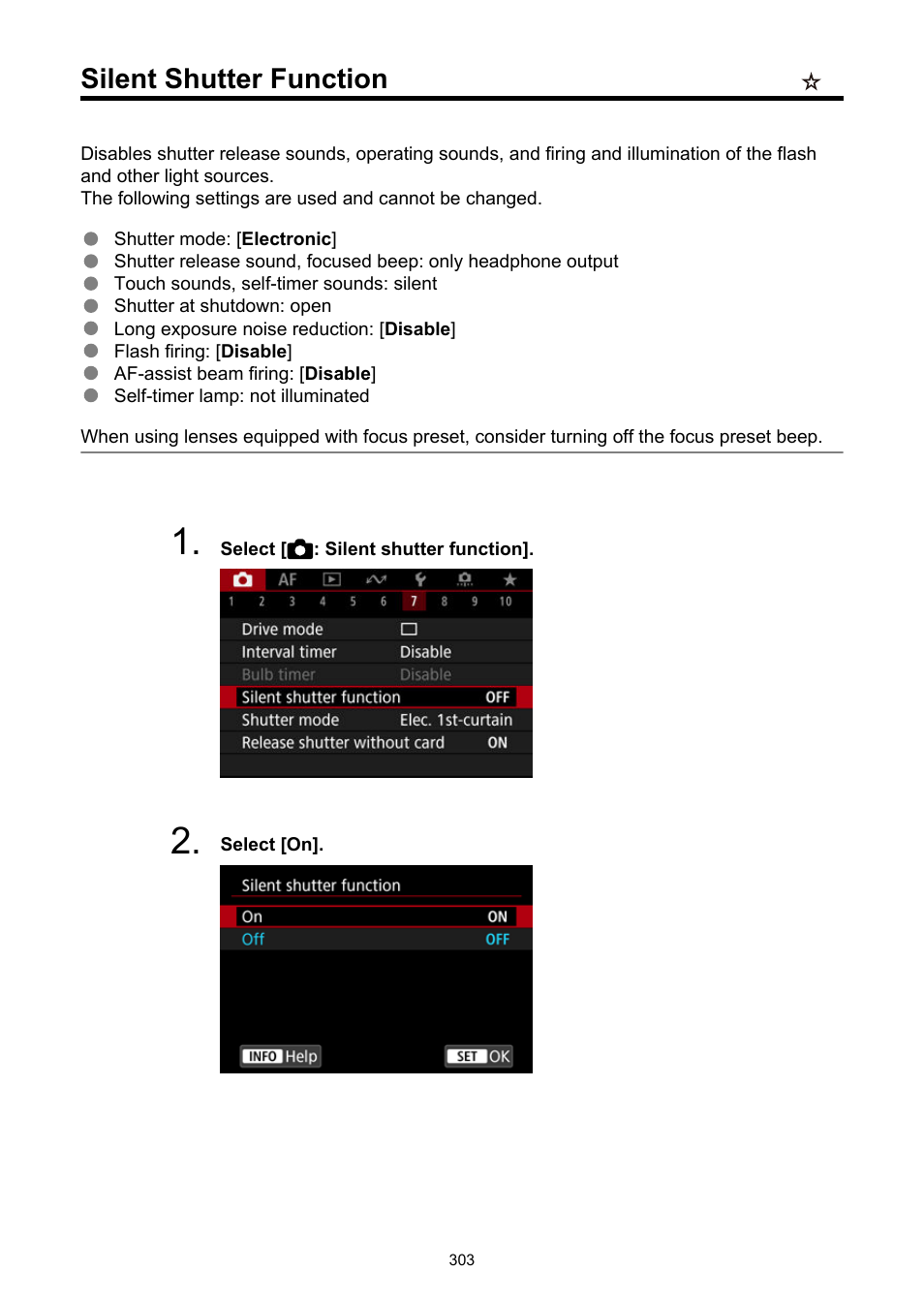 Silent shutter function | Canon EOS R6 Mark II Mirrorless Camera with 24-105mm f/4-7.1 Lens User Manual | Page 303 / 1074