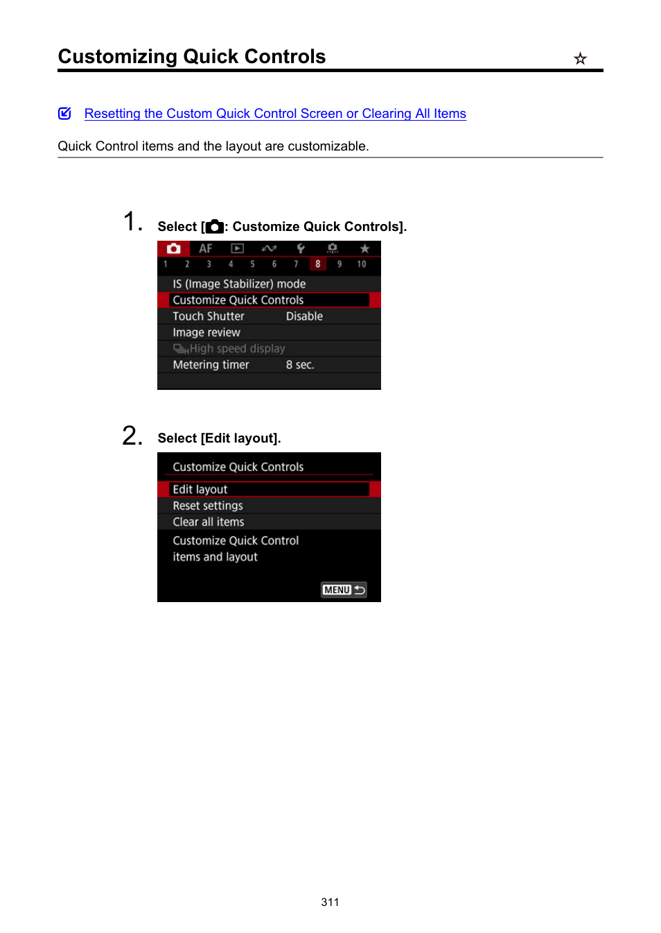 Customizing quick controls, Customize quick controls | Canon EOS R6 Mark II Mirrorless Camera with 24-105mm f/4-7.1 Lens User Manual | Page 311 / 1074