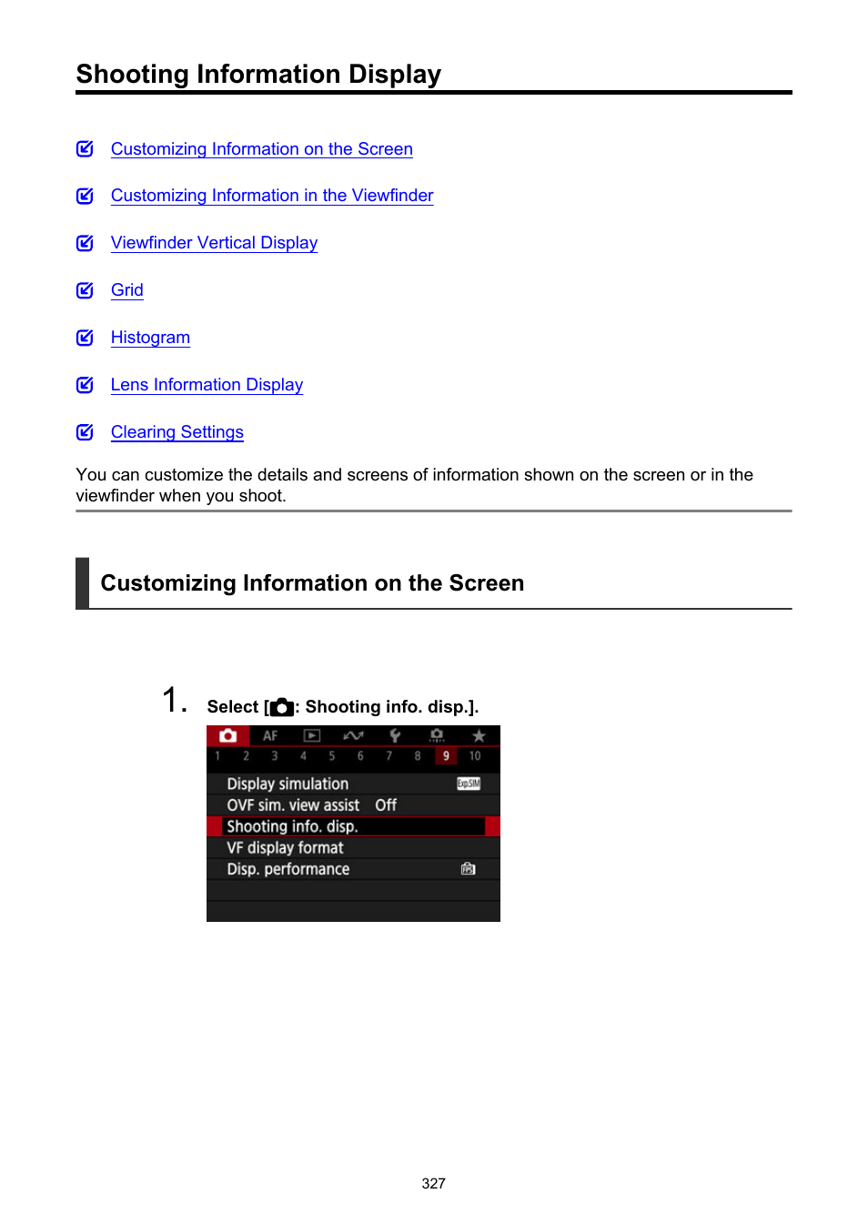 Shooting information display, Shooting info. disp | Canon EOS R6 Mark II Mirrorless Camera with 24-105mm f/4-7.1 Lens User Manual | Page 327 / 1074