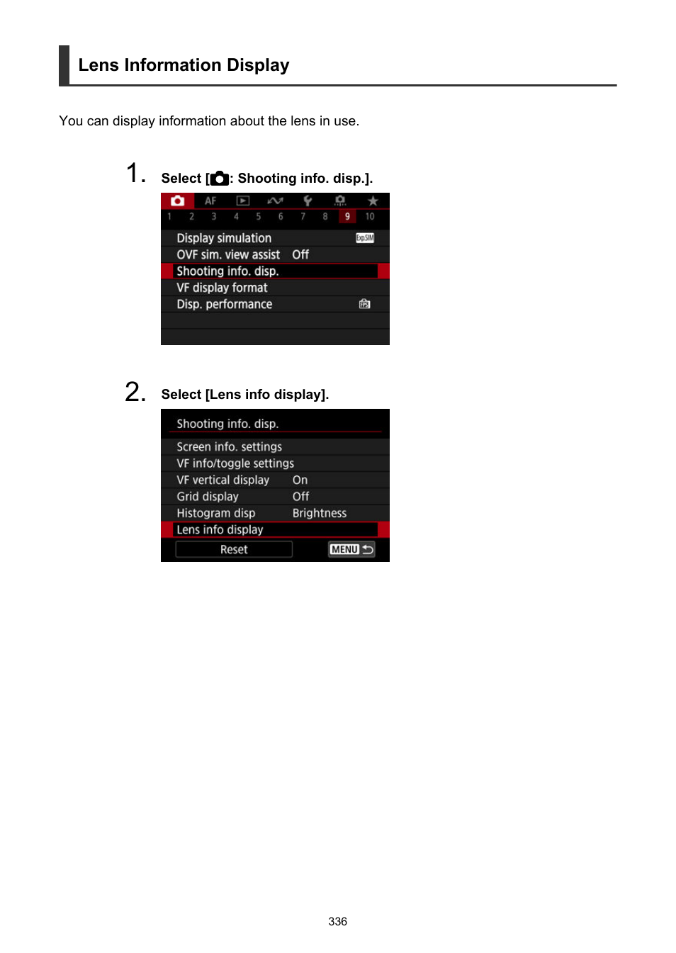 Lens information display | Canon EOS R6 Mark II Mirrorless Camera with 24-105mm f/4-7.1 Lens User Manual | Page 336 / 1074