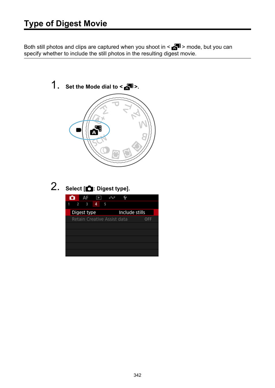 Type of digest movie, Digest type | Canon EOS R6 Mark II Mirrorless Camera with 24-105mm f/4-7.1 Lens User Manual | Page 342 / 1074