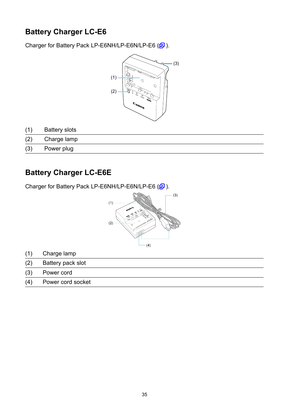 Battery charger lc-e6, Battery charger lc-e6e | Canon EOS R6 Mark II Mirrorless Camera with 24-105mm f/4-7.1 Lens User Manual | Page 35 / 1074