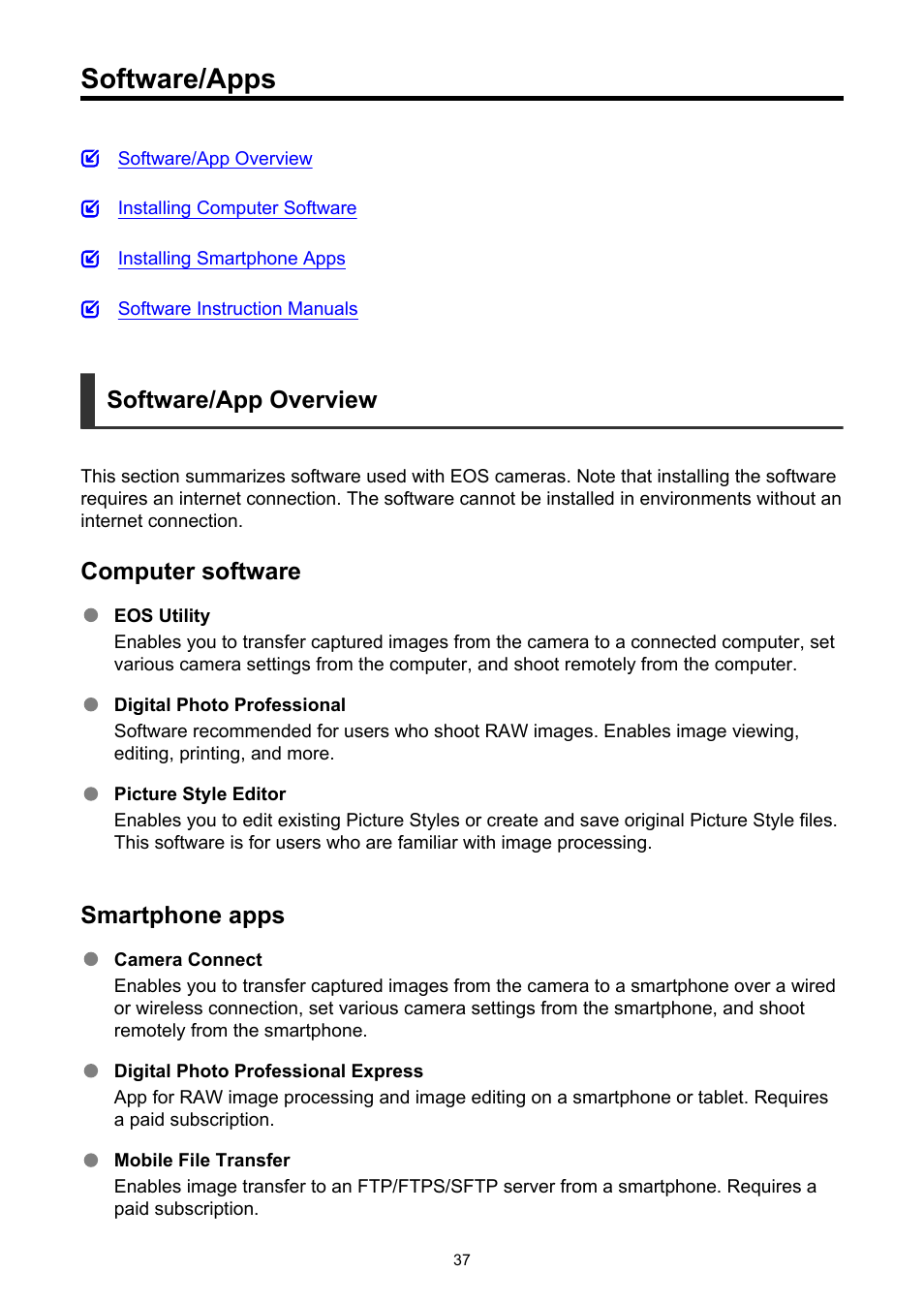 Software/apps, Software/app overview, Computer software | Smartphone apps | Canon EOS R6 Mark II Mirrorless Camera with 24-105mm f/4-7.1 Lens User Manual | Page 37 / 1074