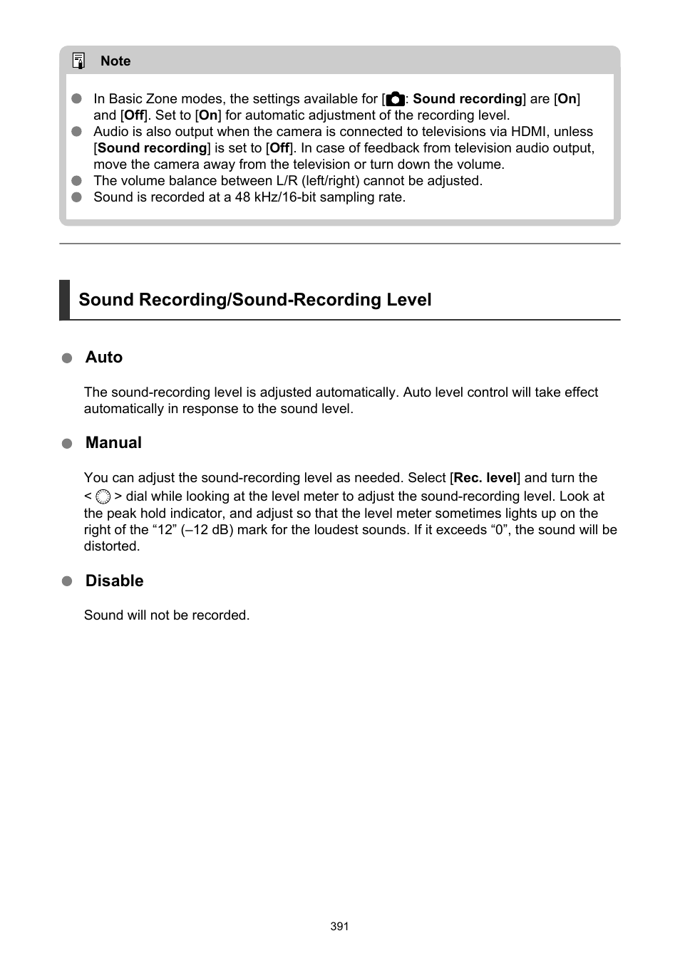 Sound recording/sound-recording level | Canon EOS R6 Mark II Mirrorless Camera with 24-105mm f/4-7.1 Lens User Manual | Page 391 / 1074