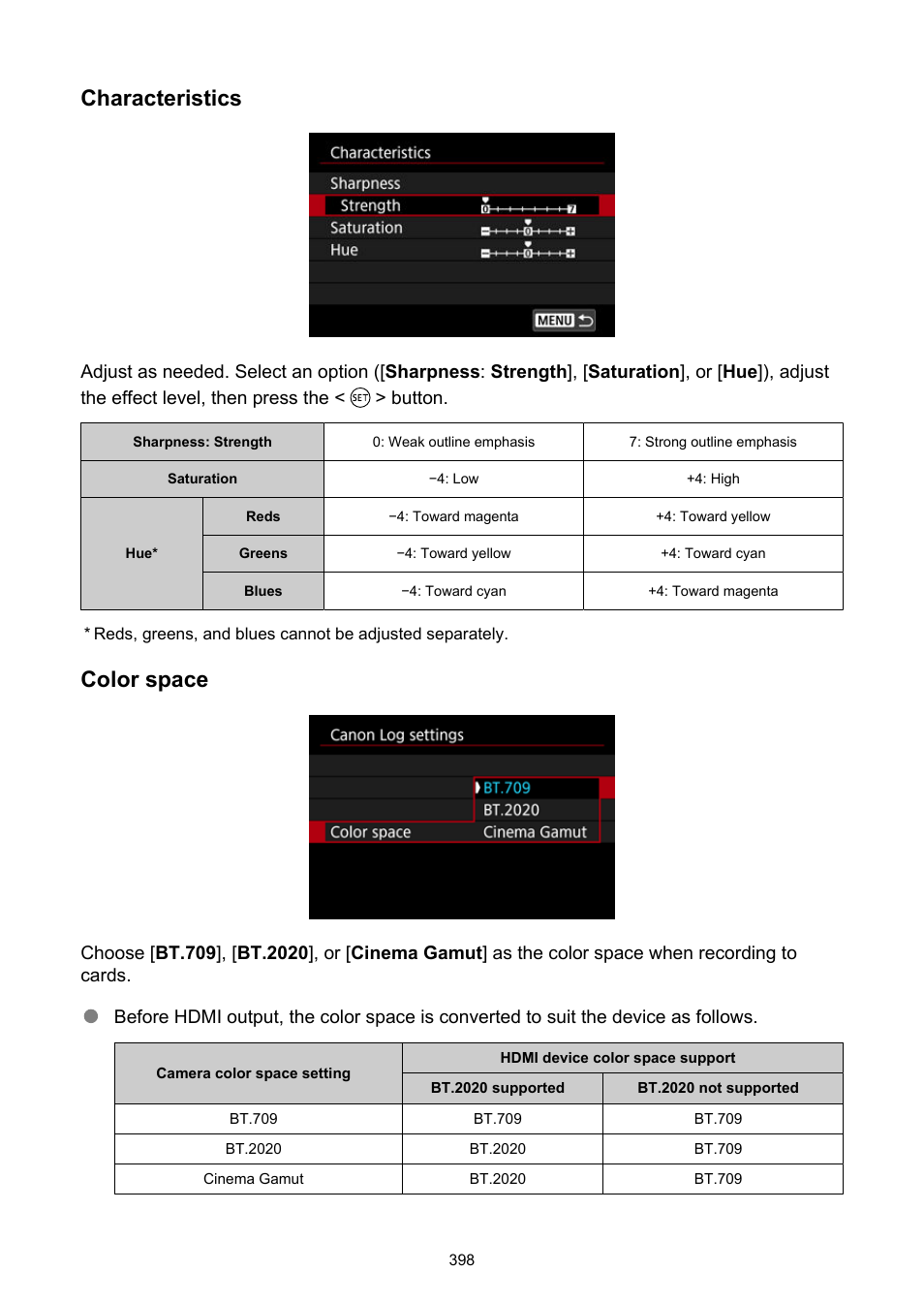 Characteristics, Color space | Canon EOS R6 Mark II Mirrorless Camera with 24-105mm f/4-7.1 Lens User Manual | Page 398 / 1074