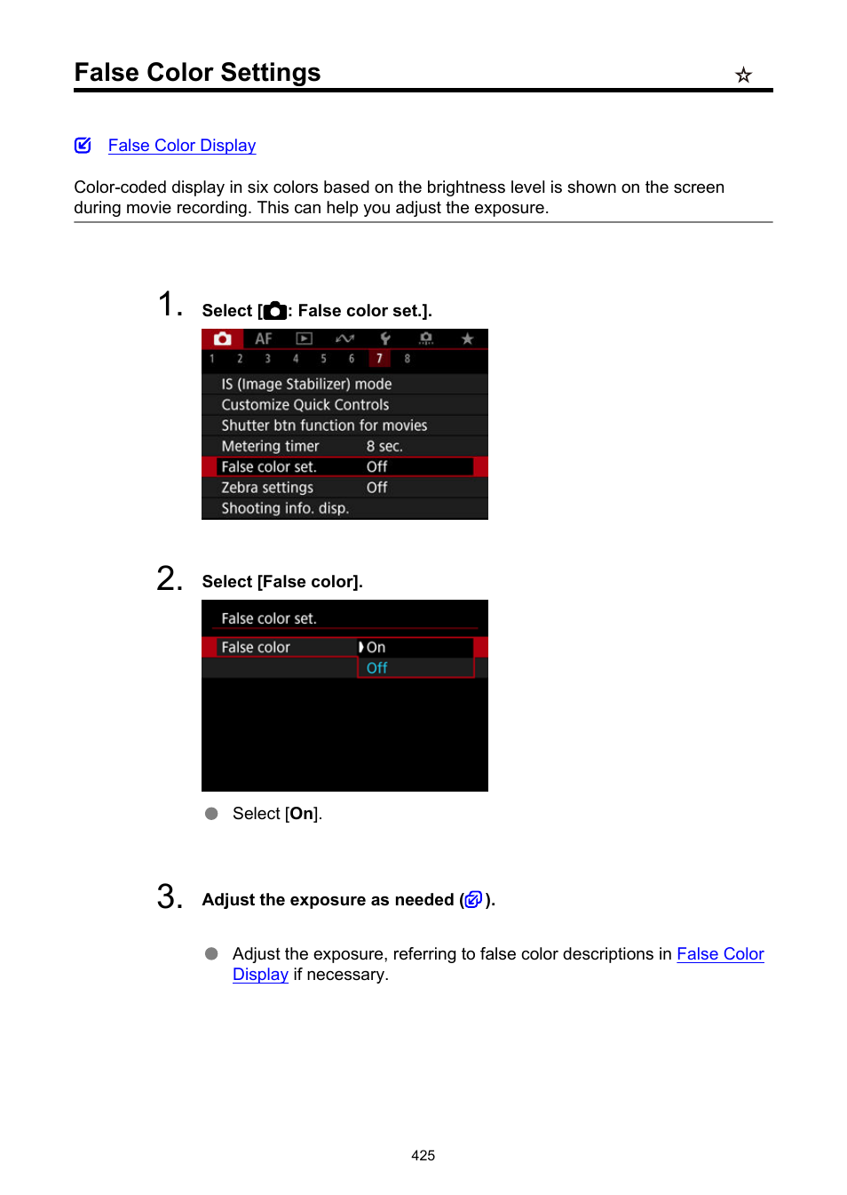 False color settings, False color set | Canon EOS R6 Mark II Mirrorless Camera with 24-105mm f/4-7.1 Lens User Manual | Page 425 / 1074