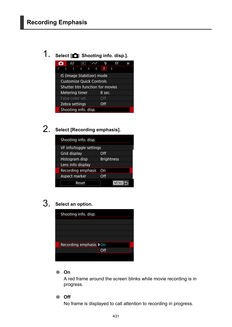 Recording emphasis | Canon EOS R6 Mark II Mirrorless Camera with 24-105mm f/4-7.1 Lens User Manual | Page 431 / 1074