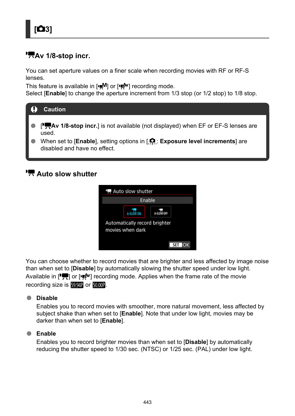 Auto slow shutter, Av 1/8-stop incr | Canon EOS R6 Mark II Mirrorless Camera with 24-105mm f/4-7.1 Lens User Manual | Page 443 / 1074