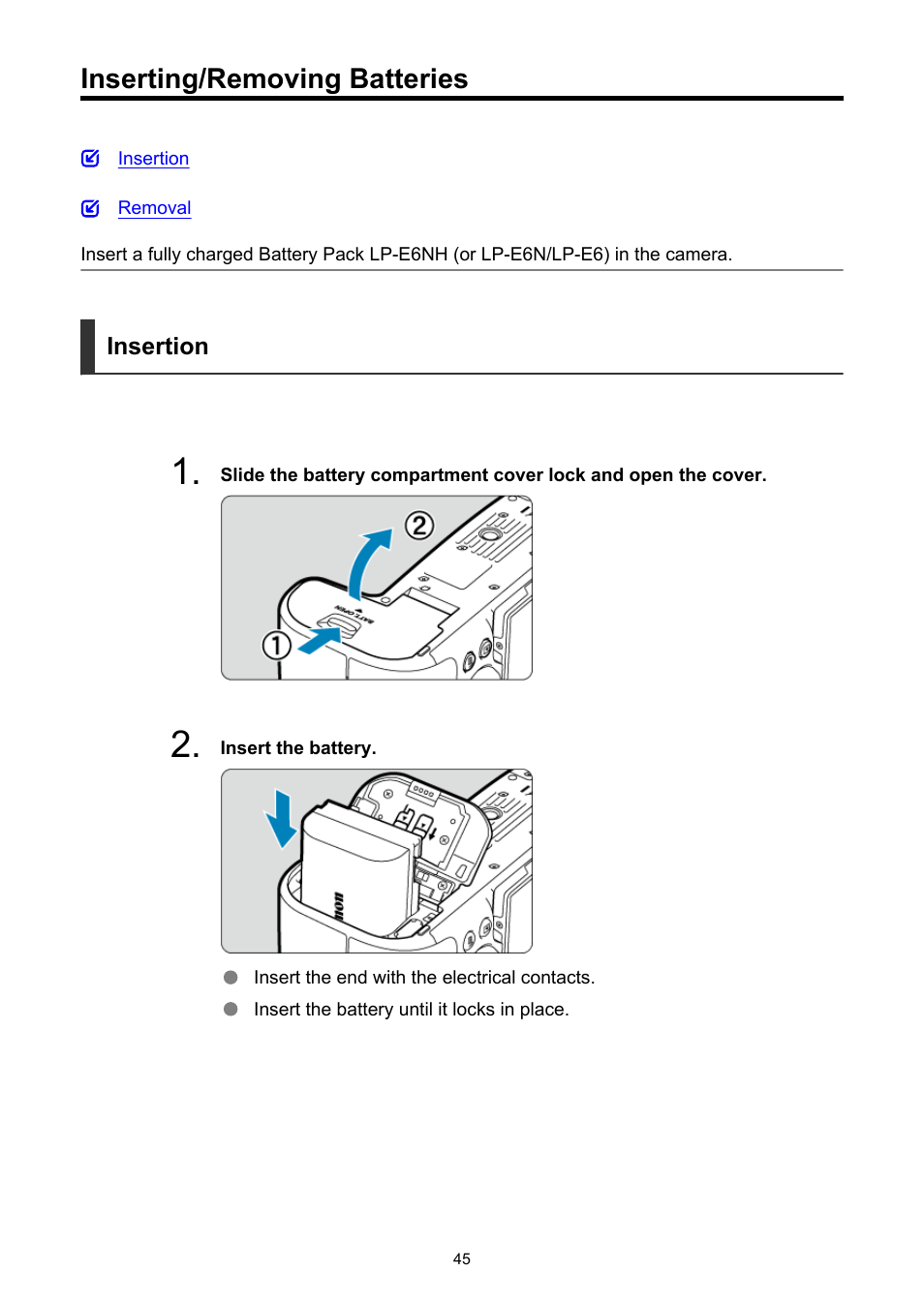 Inserting/removing batteries | Canon EOS R6 Mark II Mirrorless Camera with 24-105mm f/4-7.1 Lens User Manual | Page 45 / 1074