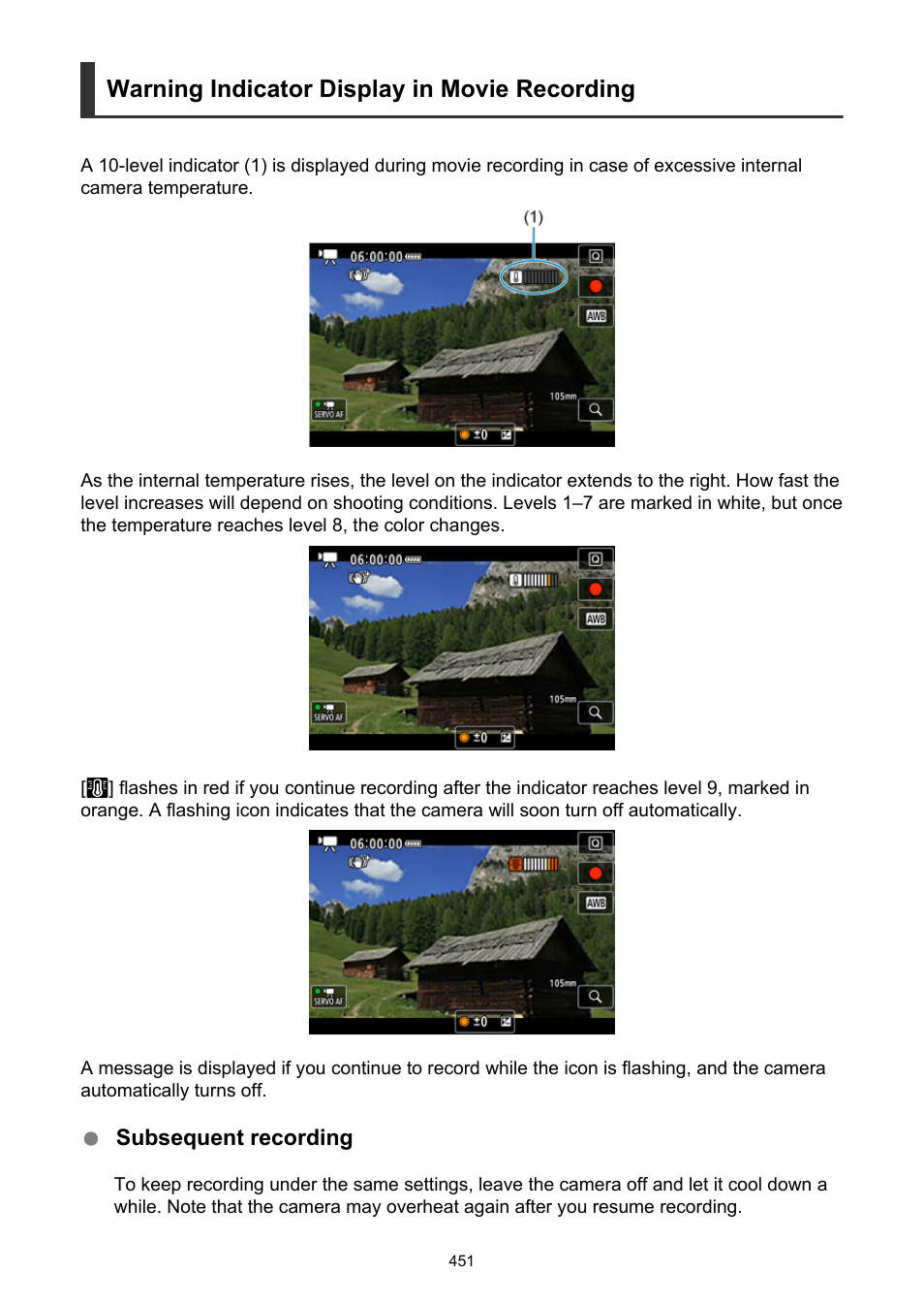Warning indicator display in movie recording | Canon EOS R6 Mark II Mirrorless Camera with 24-105mm f/4-7.1 Lens User Manual | Page 451 / 1074