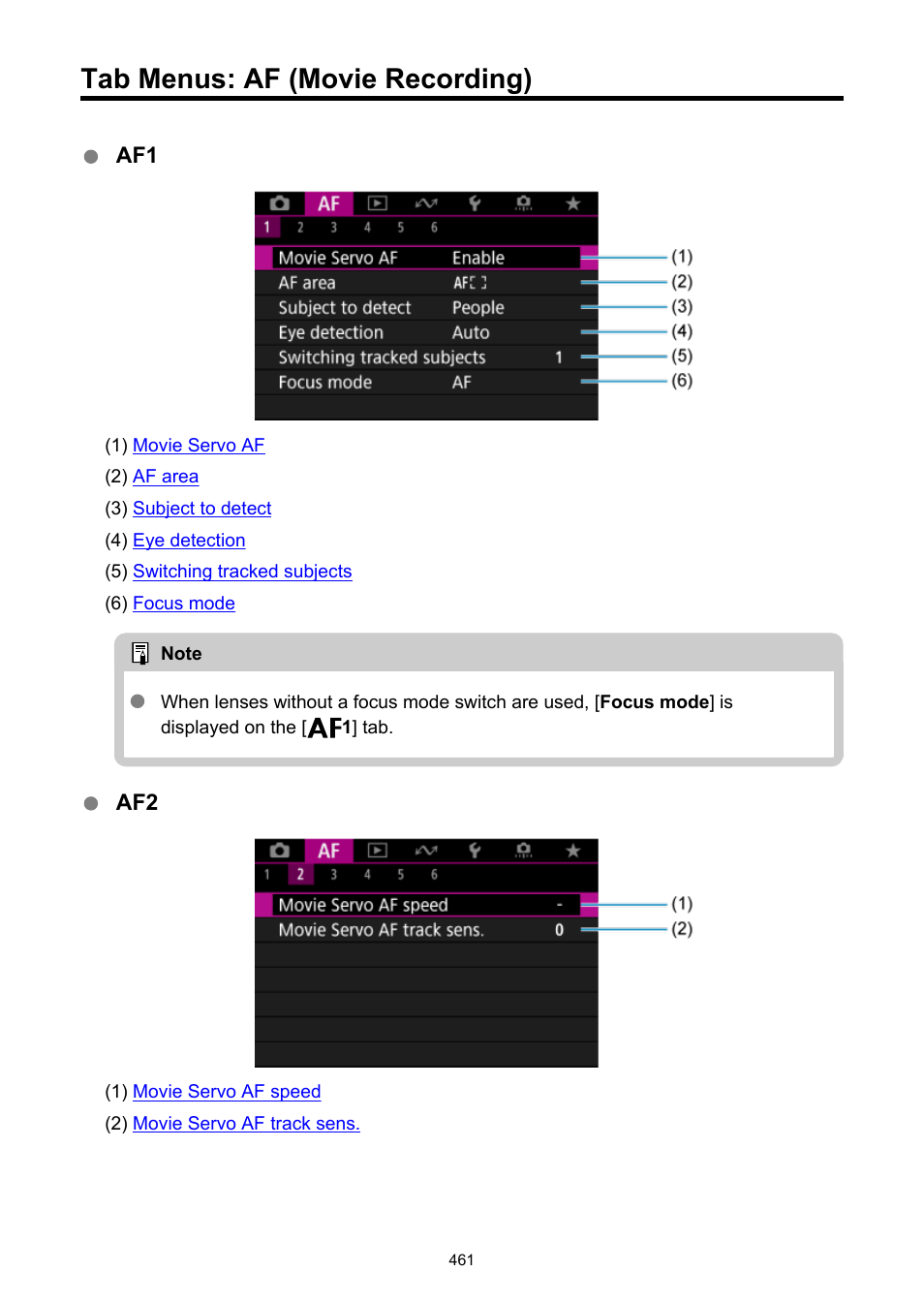 Tab menus: af (movie recording) | Canon EOS R6 Mark II Mirrorless Camera with 24-105mm f/4-7.1 Lens User Manual | Page 461 / 1074