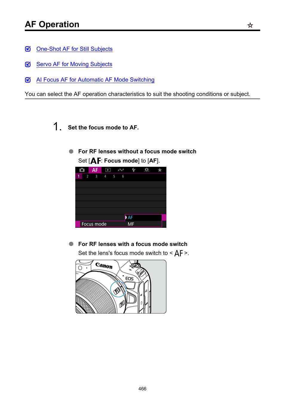 Af operation, Iso speed | Canon EOS R6 Mark II Mirrorless Camera with 24-105mm f/4-7.1 Lens User Manual | Page 466 / 1074
