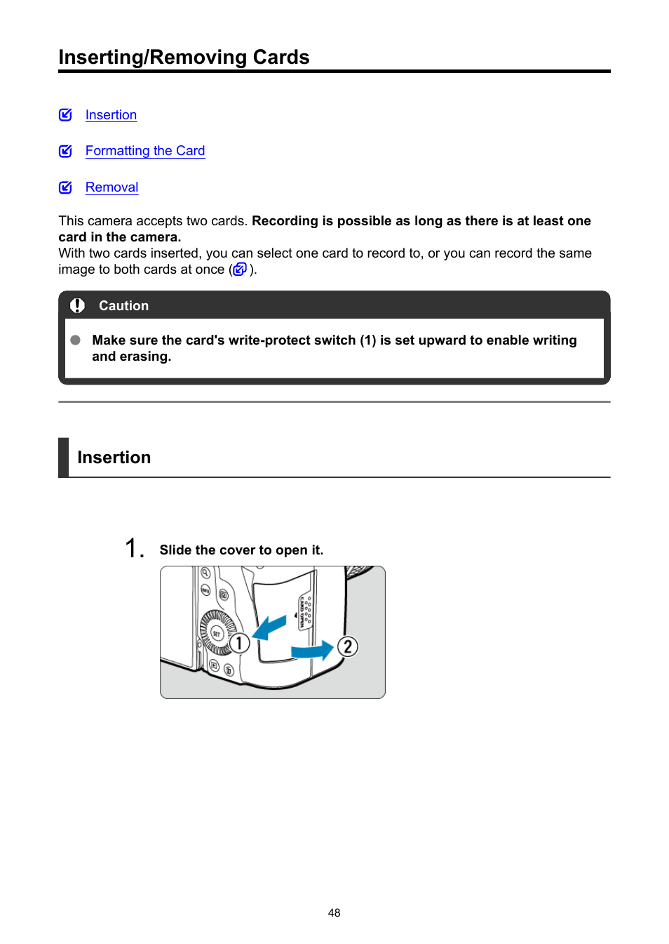 Inserting/removing cards | Canon EOS R6 Mark II Mirrorless Camera with 24-105mm f/4-7.1 Lens User Manual | Page 48 / 1074