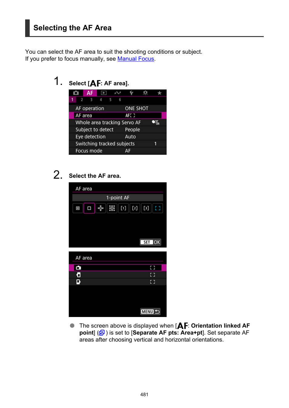 Selecting the af area | Canon EOS R6 Mark II Mirrorless Camera with 24-105mm f/4-7.1 Lens User Manual | Page 481 / 1074