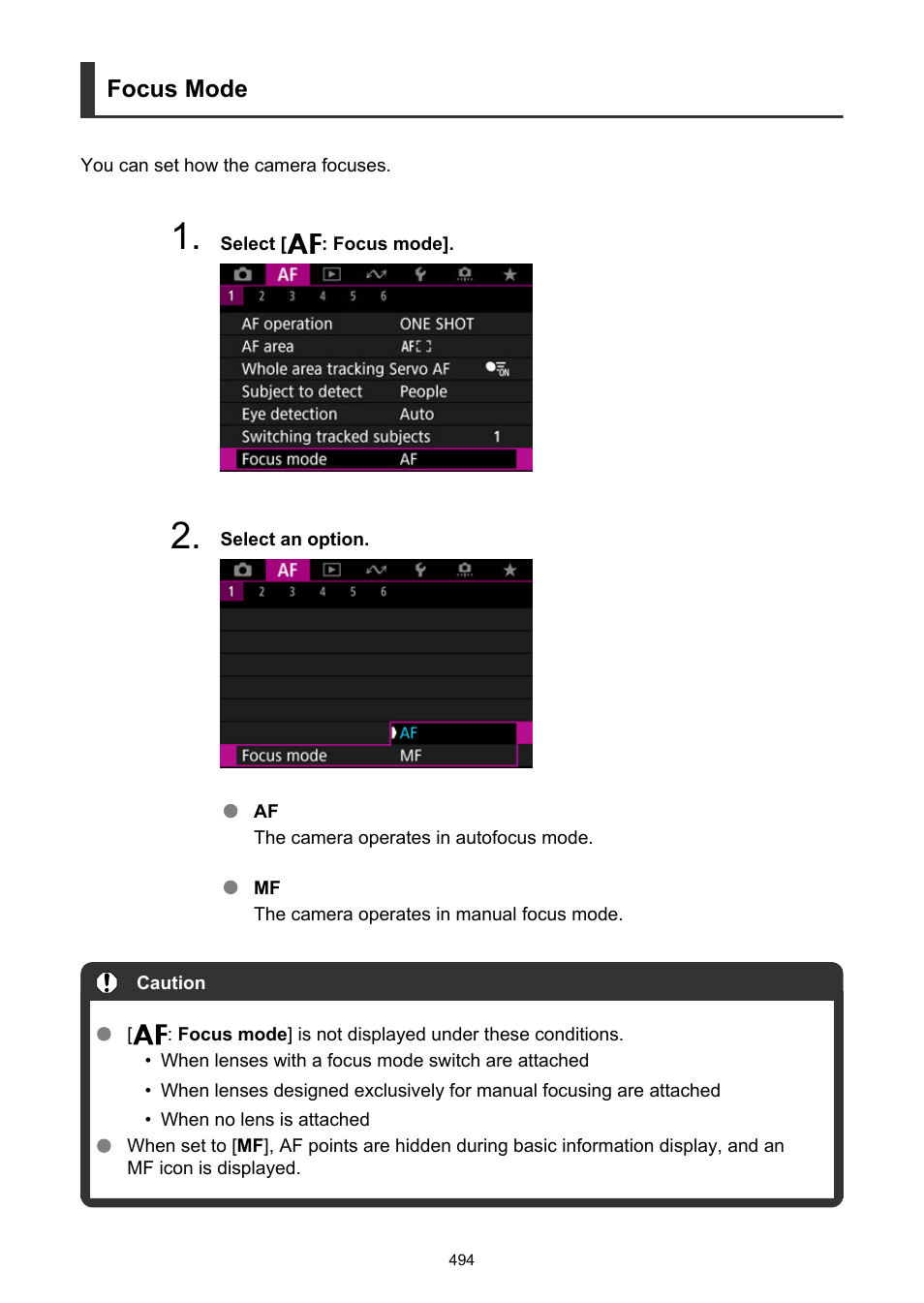 Focus mode | Canon EOS R6 Mark II Mirrorless Camera with 24-105mm f/4-7.1 Lens User Manual | Page 494 / 1074