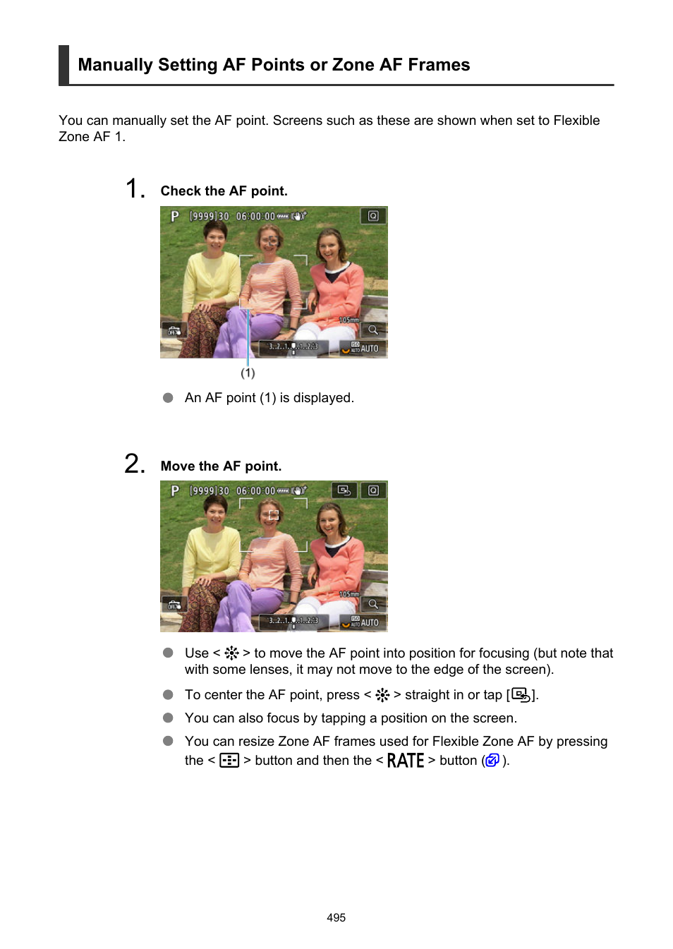 Manually setting af points or zone af frames | Canon EOS R6 Mark II Mirrorless Camera with 24-105mm f/4-7.1 Lens User Manual | Page 495 / 1074