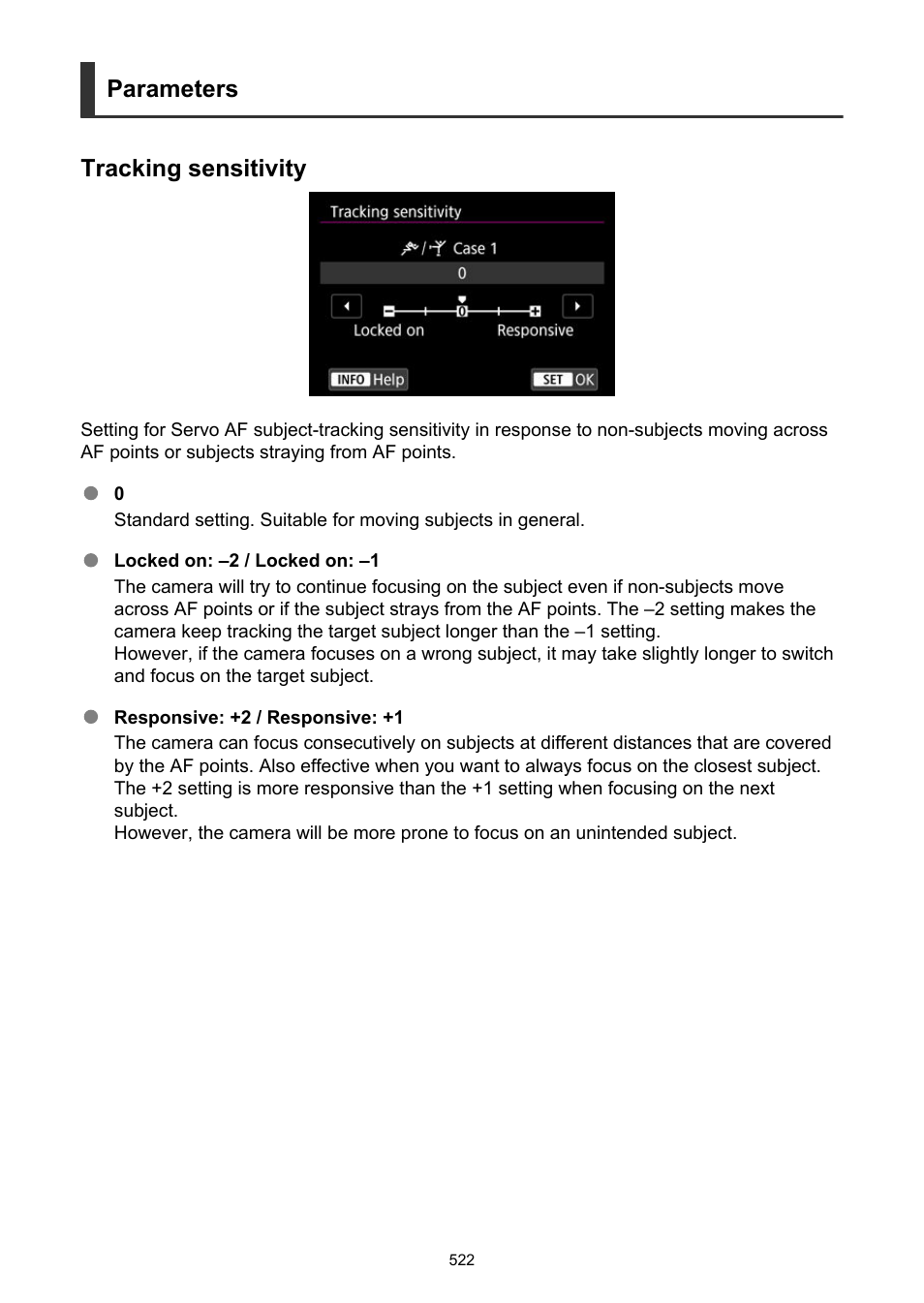 Tracking sensitivity, Parameters, Parameters tracking sensitivity | Canon EOS R6 Mark II Mirrorless Camera with 24-105mm f/4-7.1 Lens User Manual | Page 522 / 1074